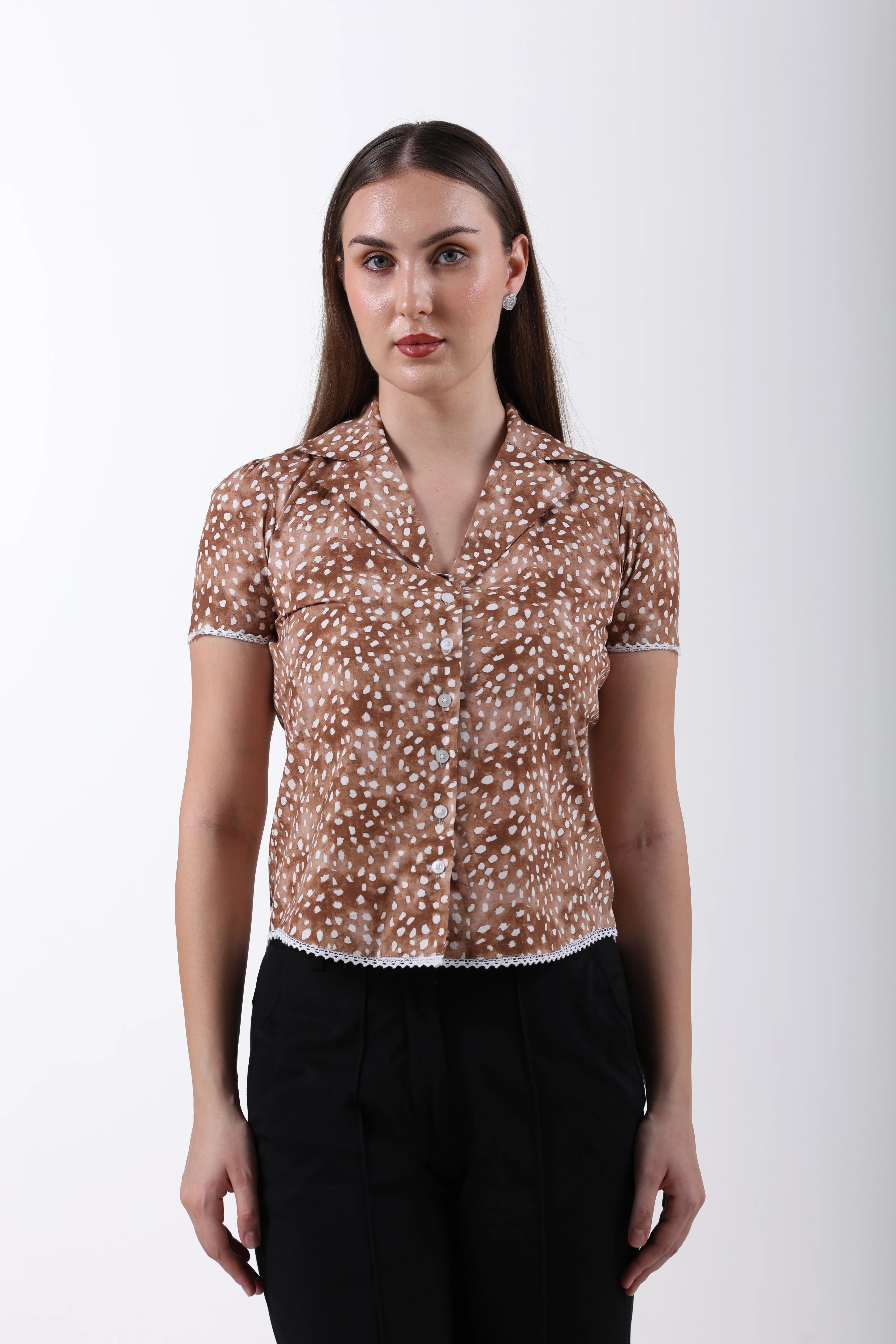 Deer Print Cotton Shirt – Brown - Image 3