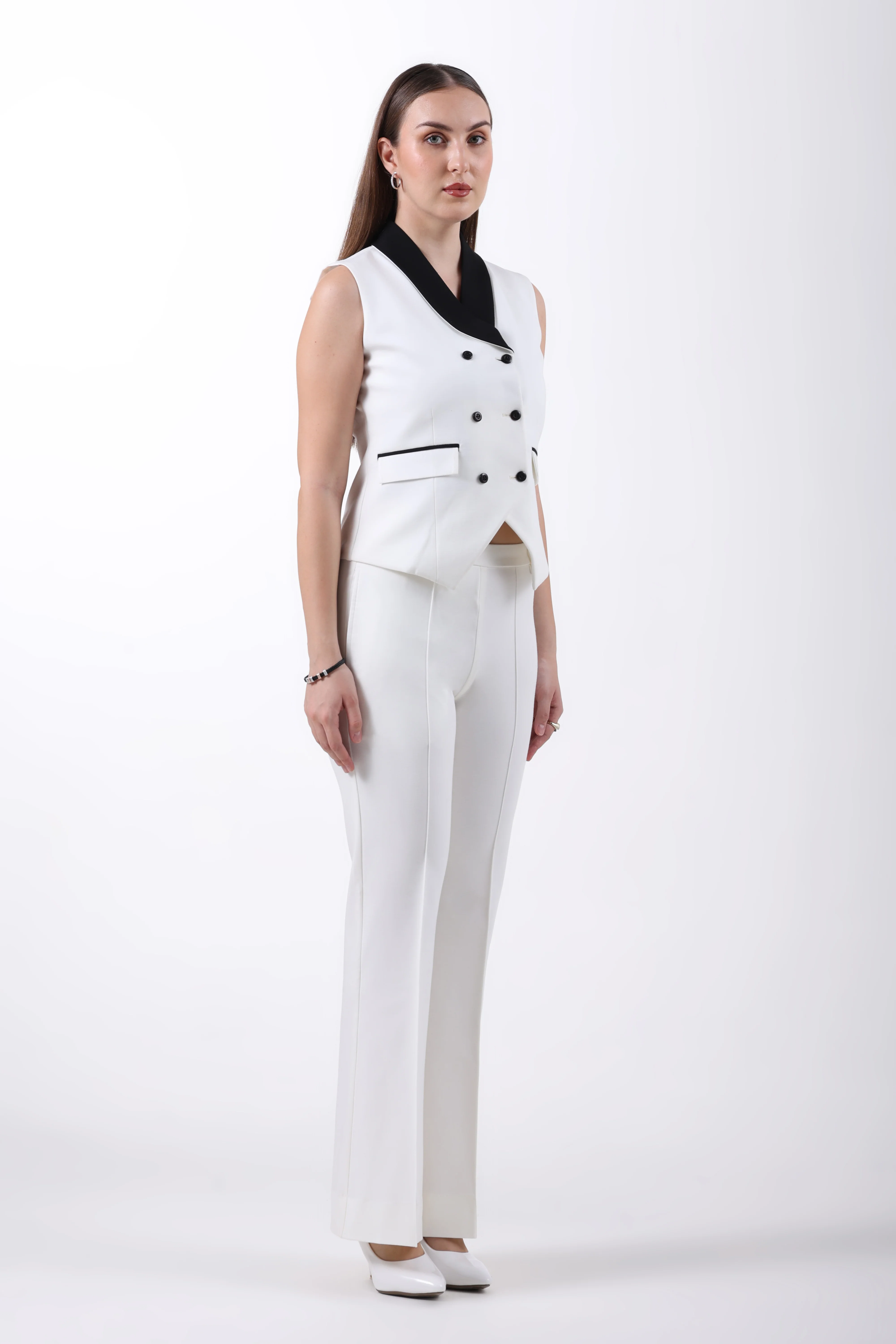Double Breasted Contrast Shawl Flare Co-ord Set, Off White & Black - Image 5