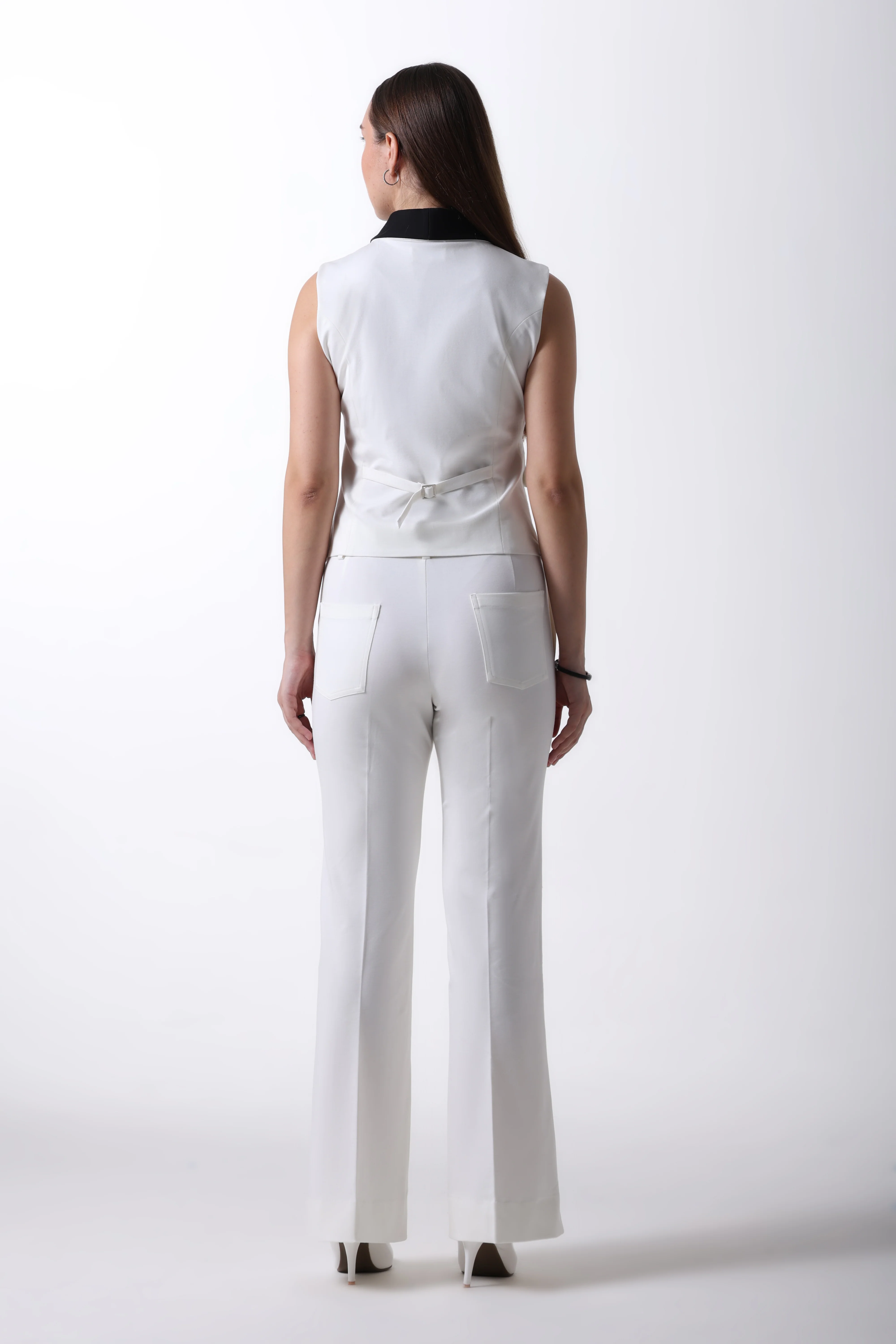 Double Breasted Contrast Shawl Flare Co-ord Set, Off White & Black - Image 6