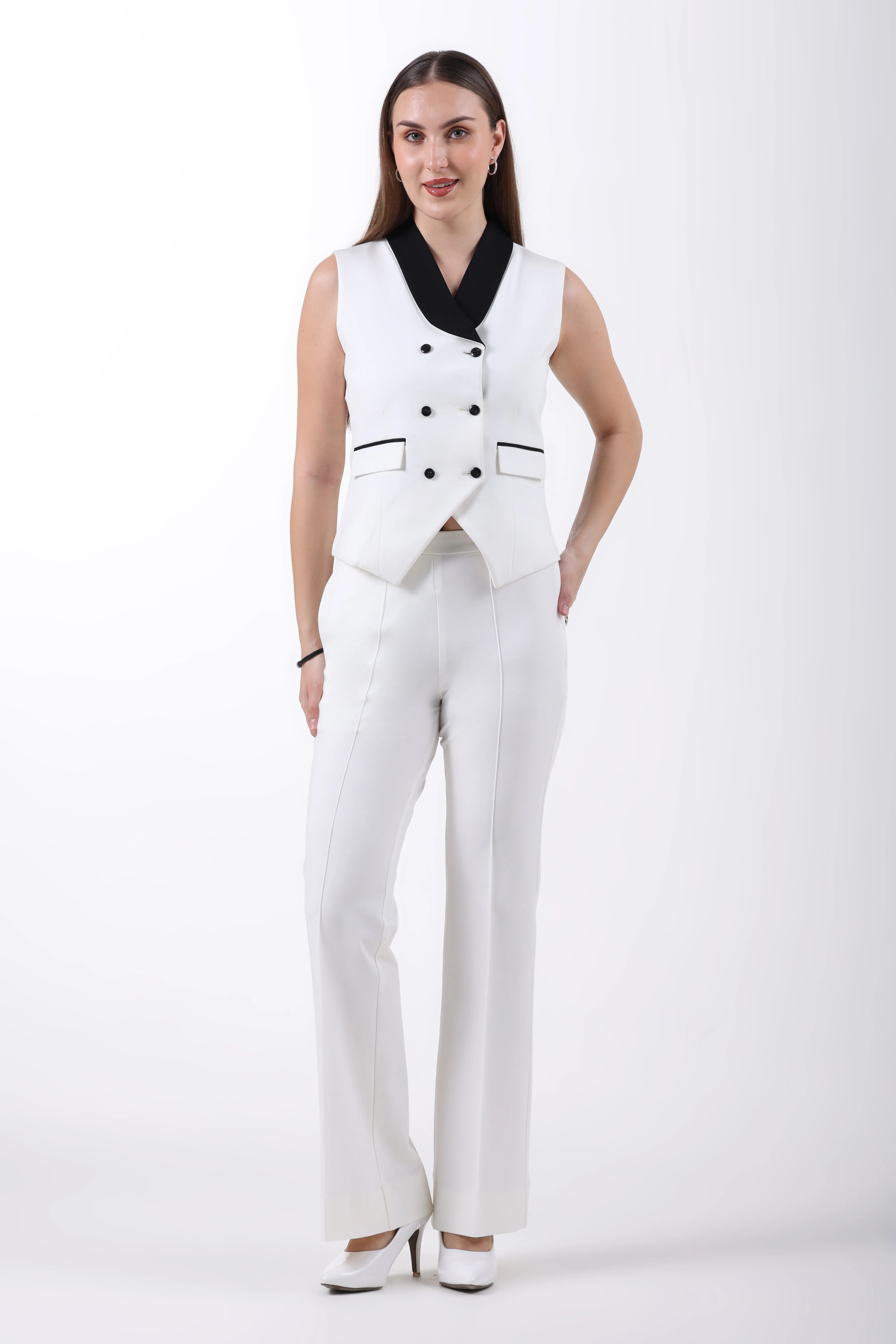 Double Breasted Contrast Shawl Flare Co-ord Set, Off White & Black - Image 7
