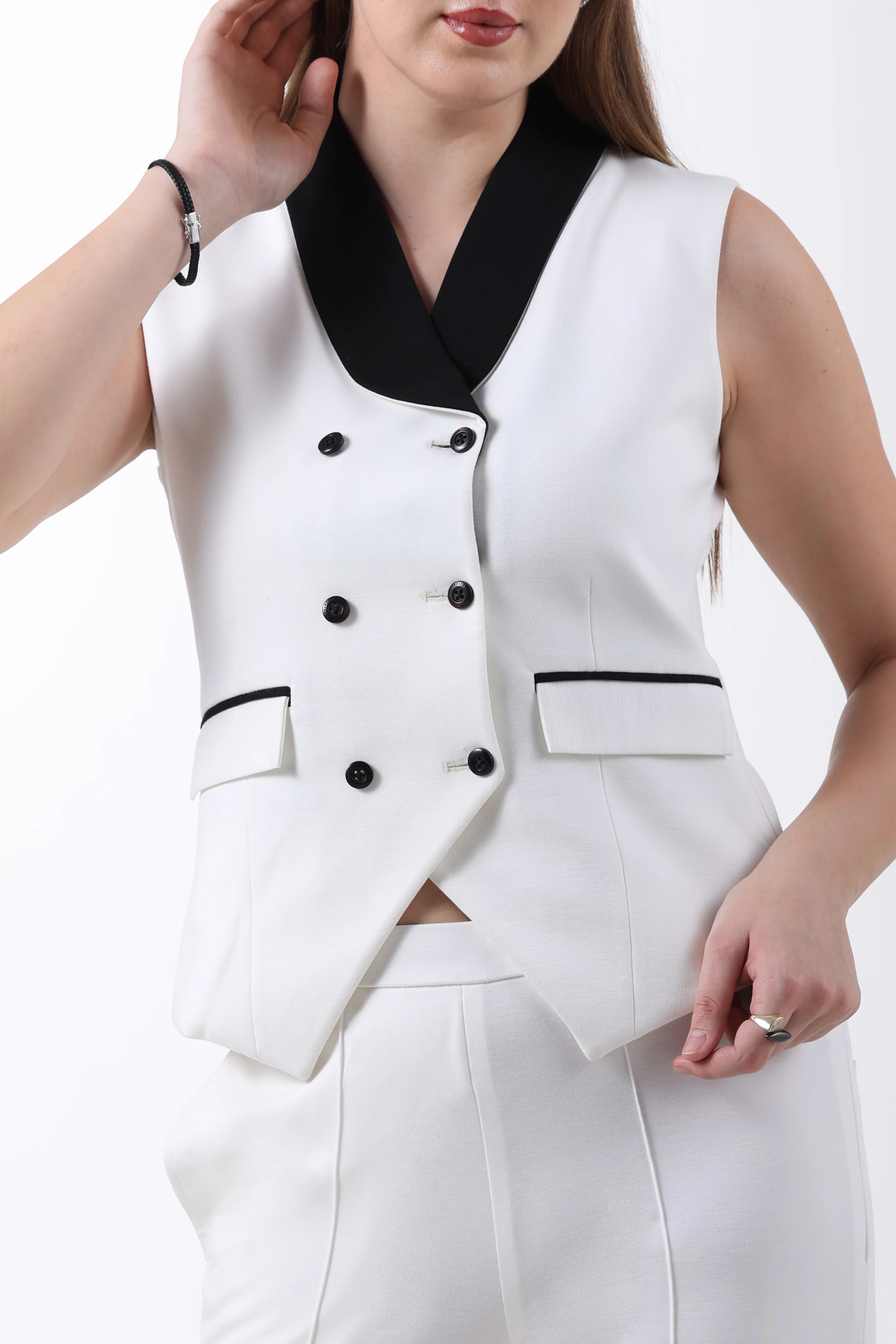 Double Breasted Contrast Shawl Flare Co-ord Set, Off White & Black - Image 8