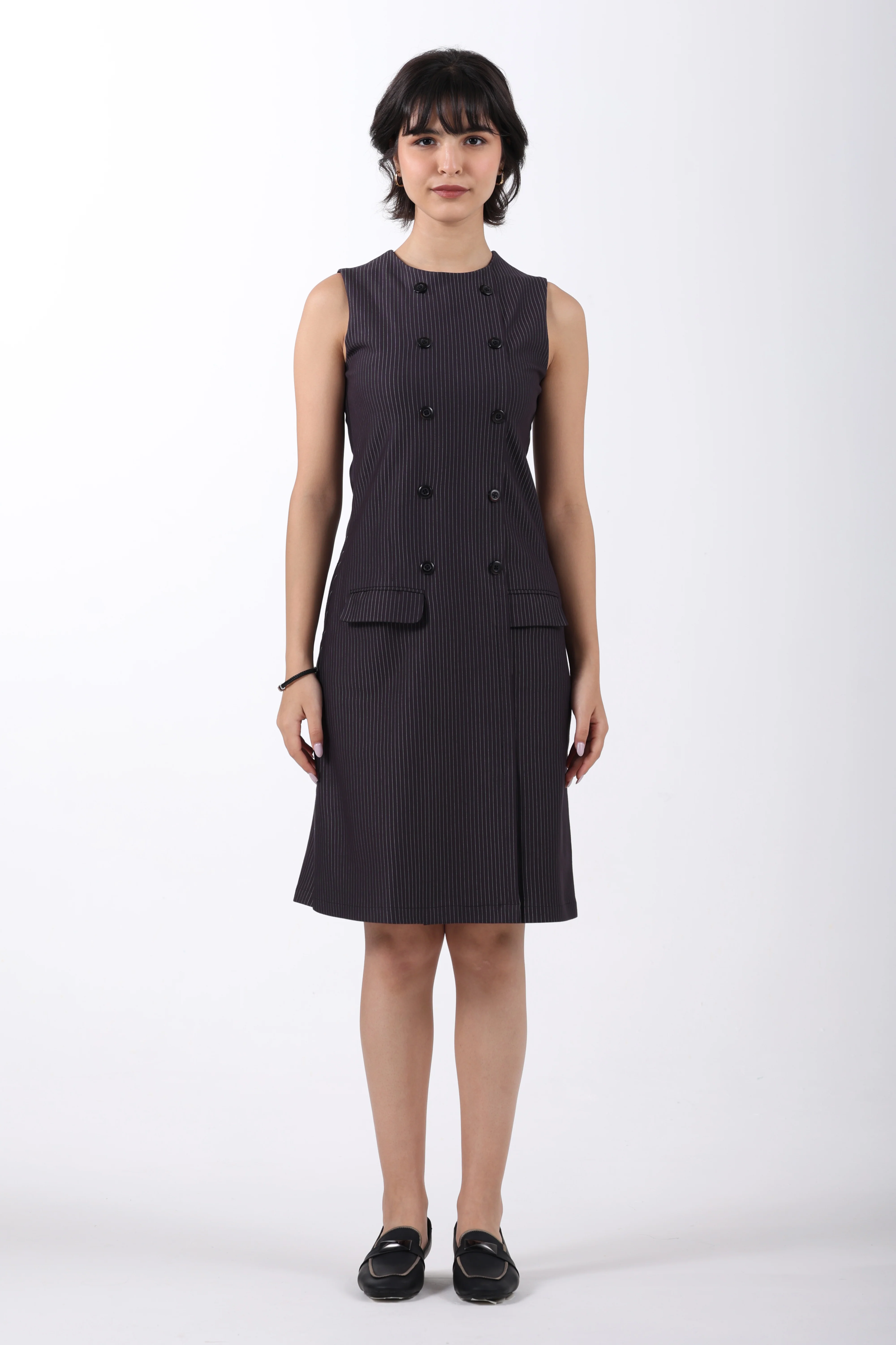 Double Breasted Noir Sheath Dress – Black Pinstripe