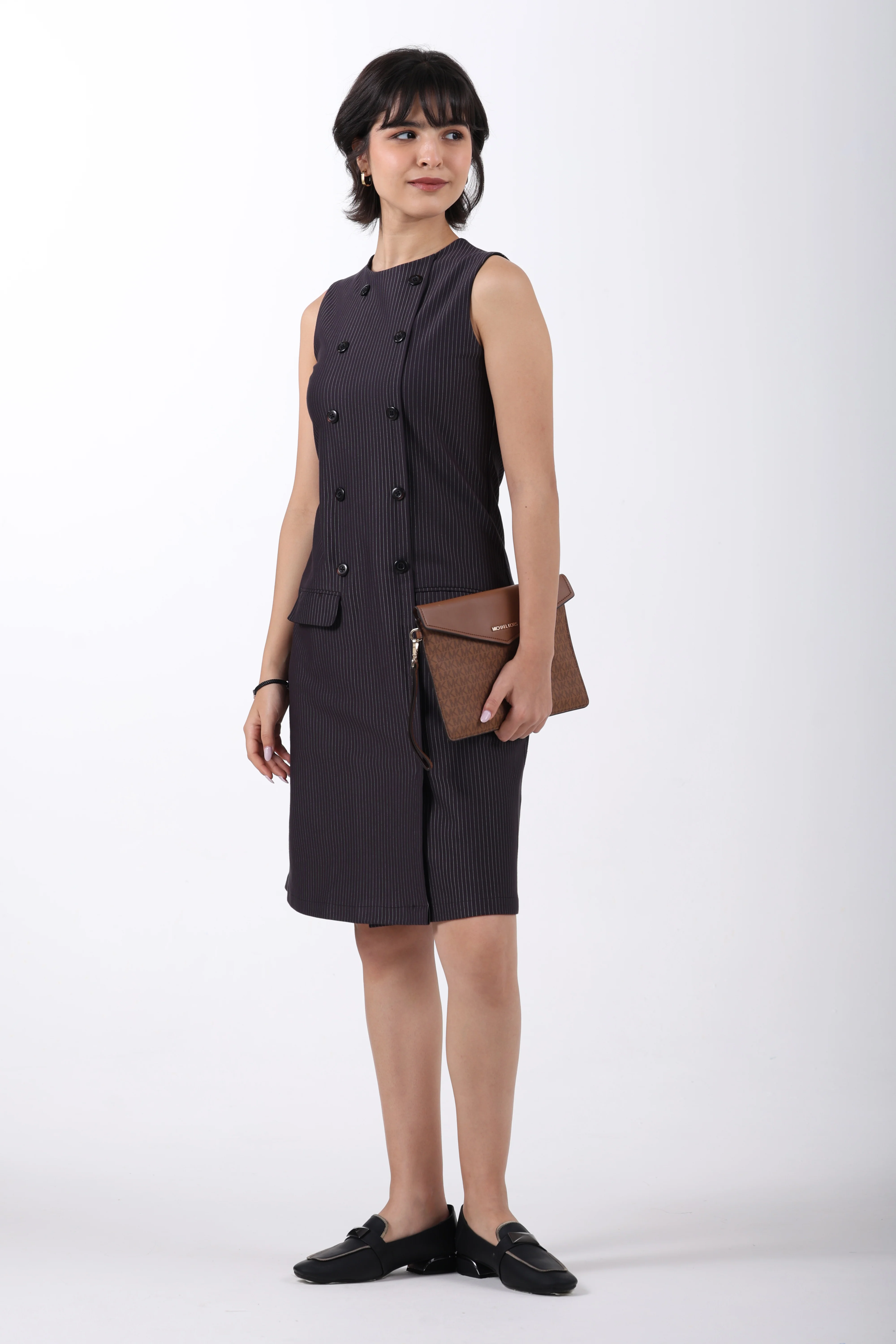 Double Breasted Noir Sheath Dress – Black Pinstripe - Image 2