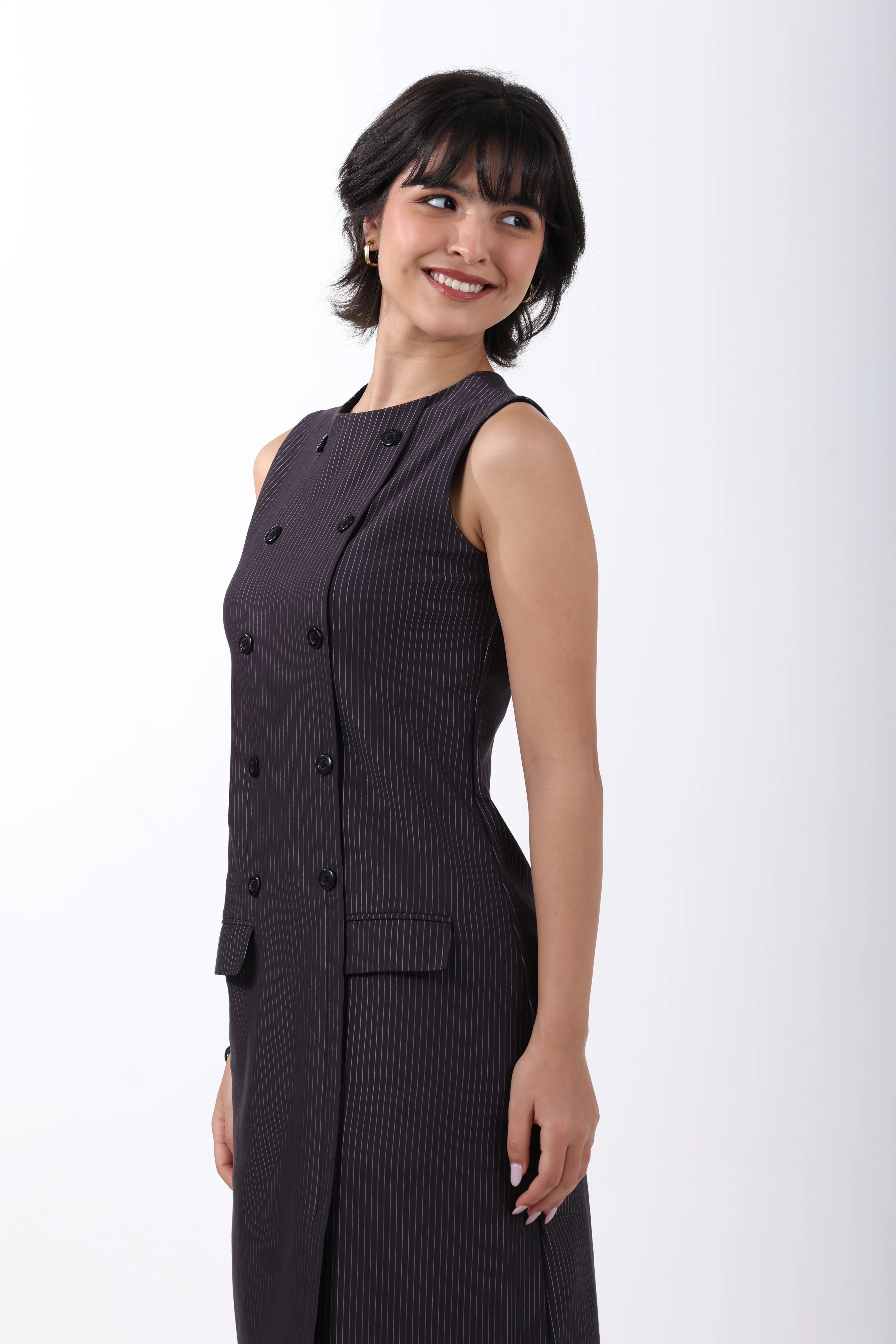 Double Breasted Noir Sheath Dress – Black Pinstripe - Image 3