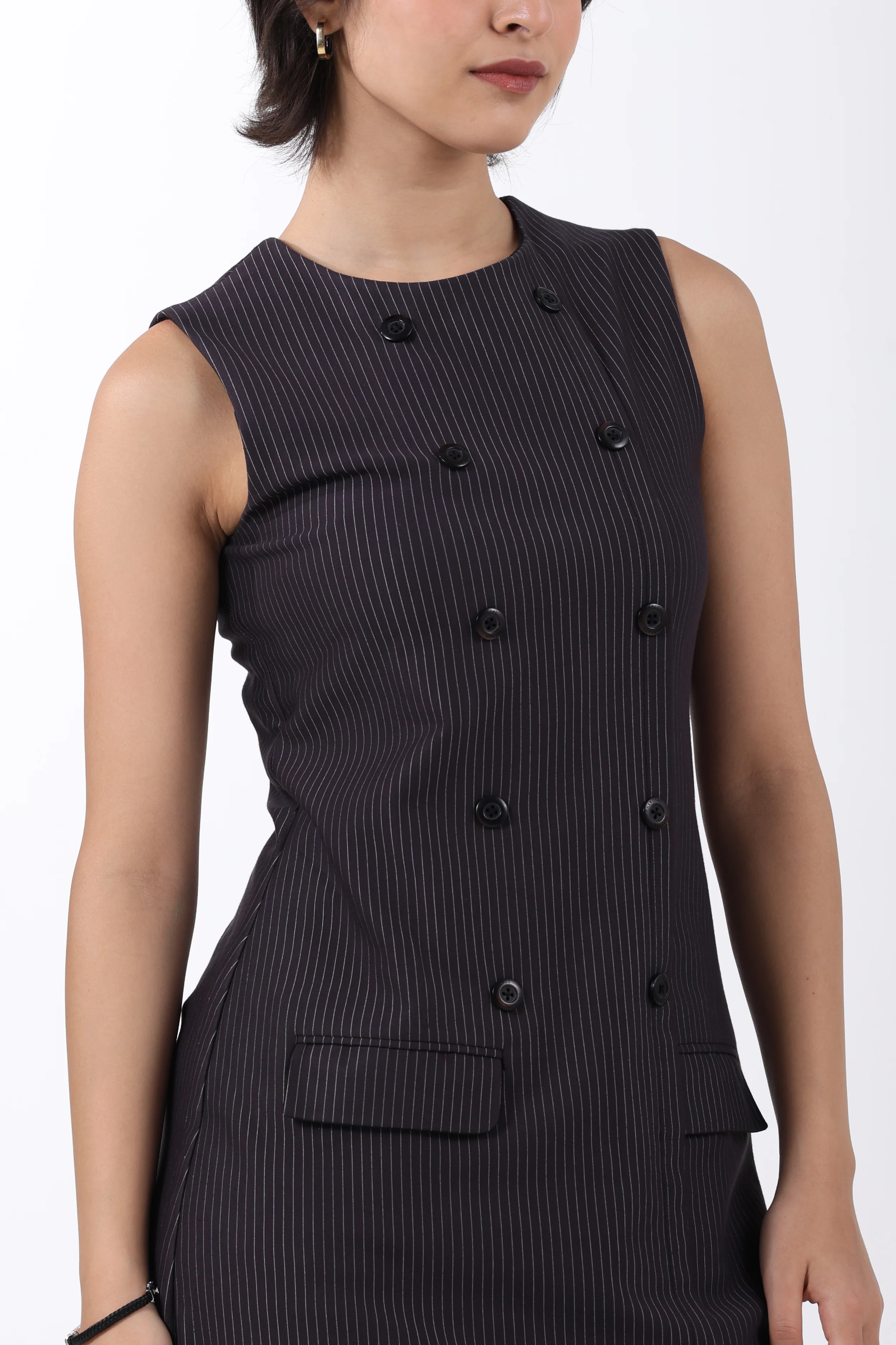 Double Breasted Noir Sheath Dress – Black Pinstripe - Image 4