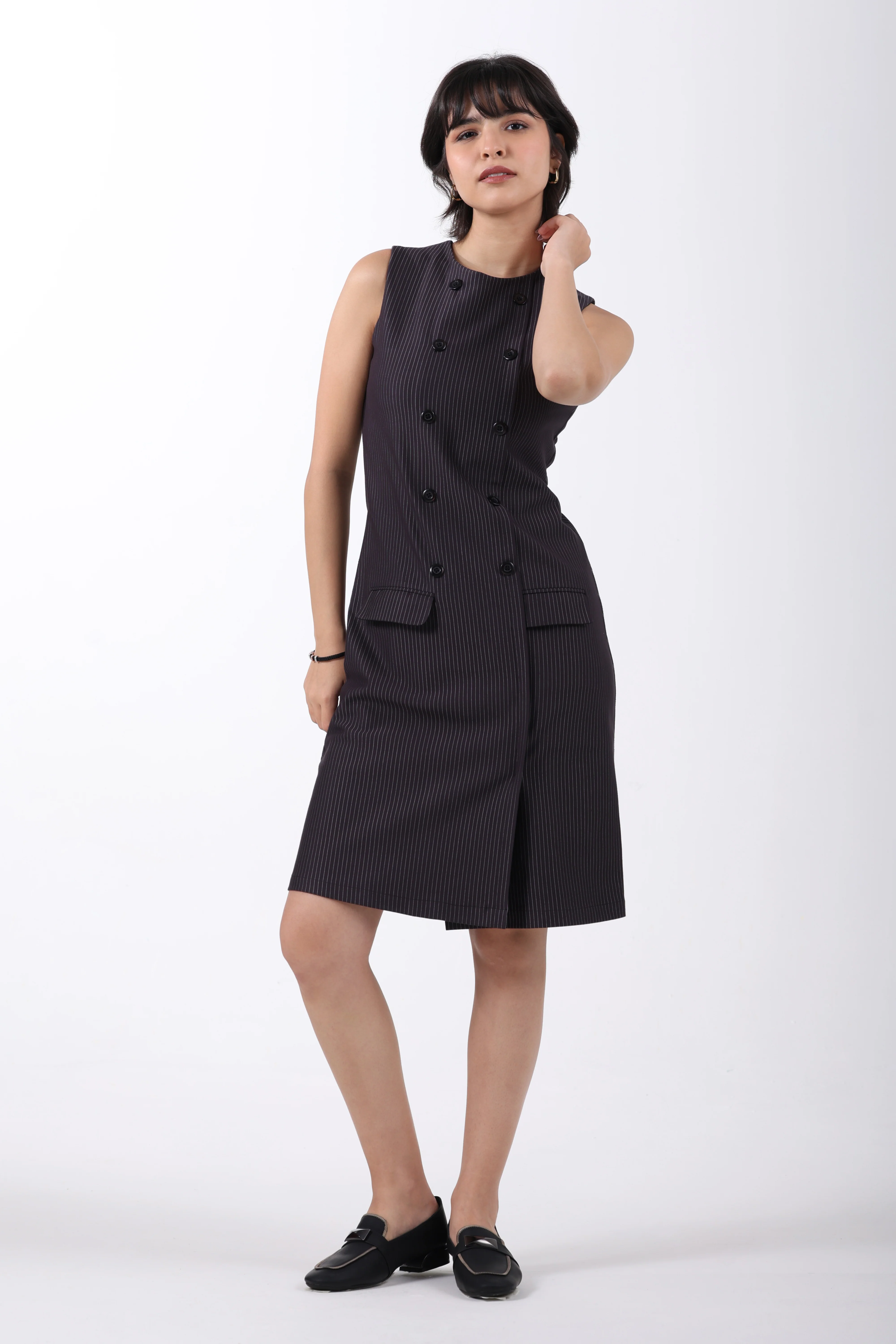 Double Breasted Noir Sheath Dress – Black Pinstripe - Image 5