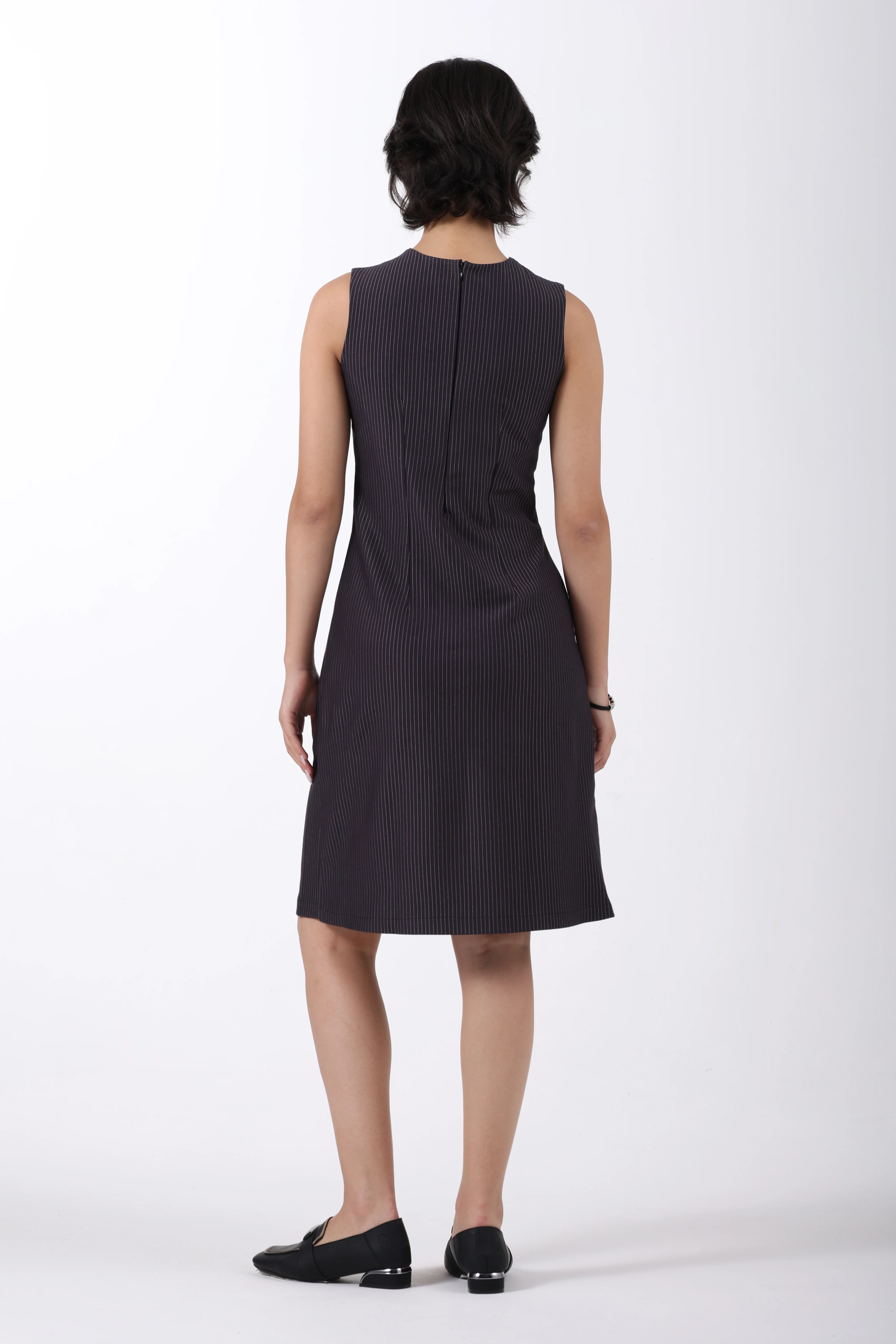 Double Breasted Noir Sheath Dress – Black Pinstripe - Image 8