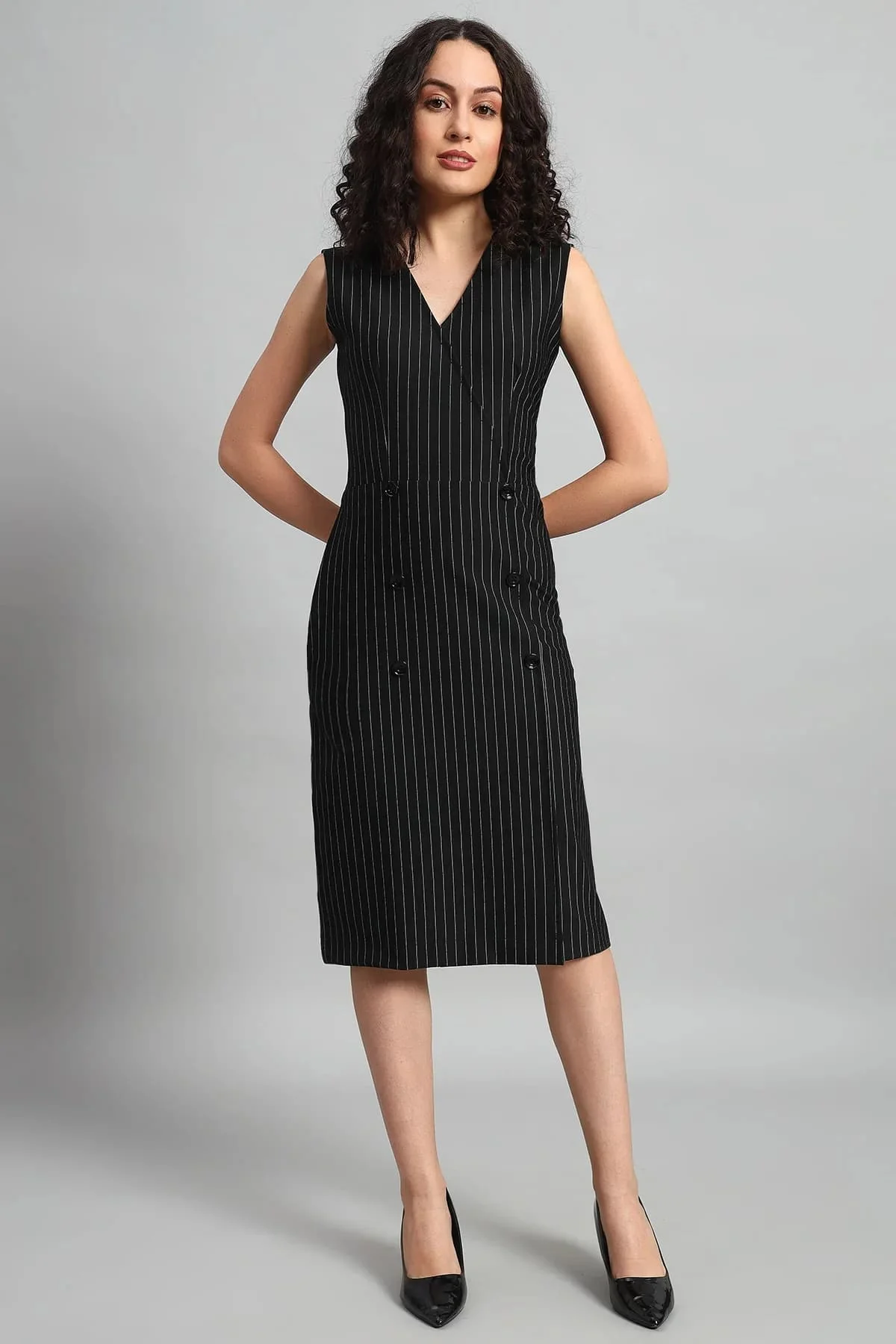 Double Breasted Vest Dress – Black Pinstripe