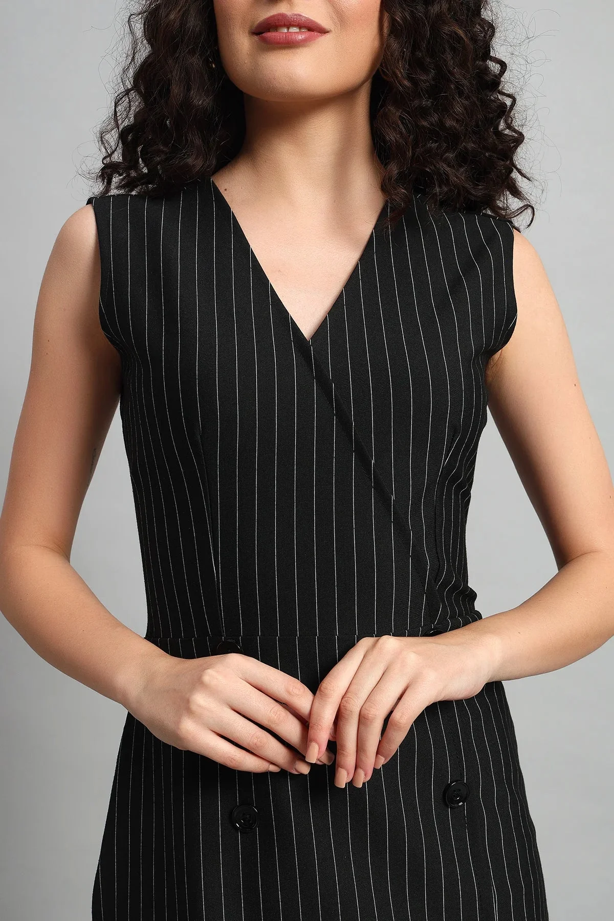 Double Breasted Vest Dress – Black Pinstripe - Image 2