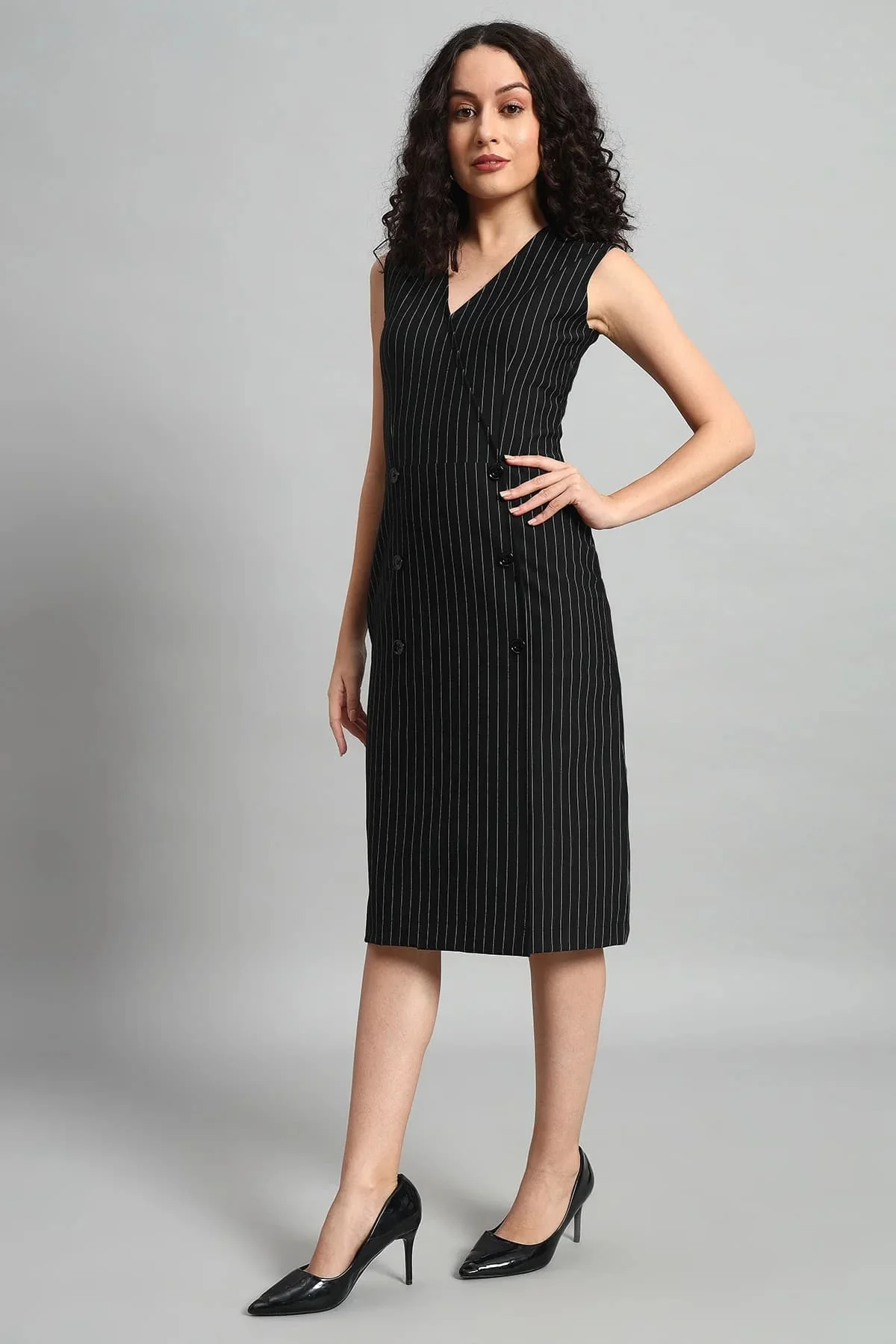 Double Breasted Vest Dress – Black Pinstripe - Image 3