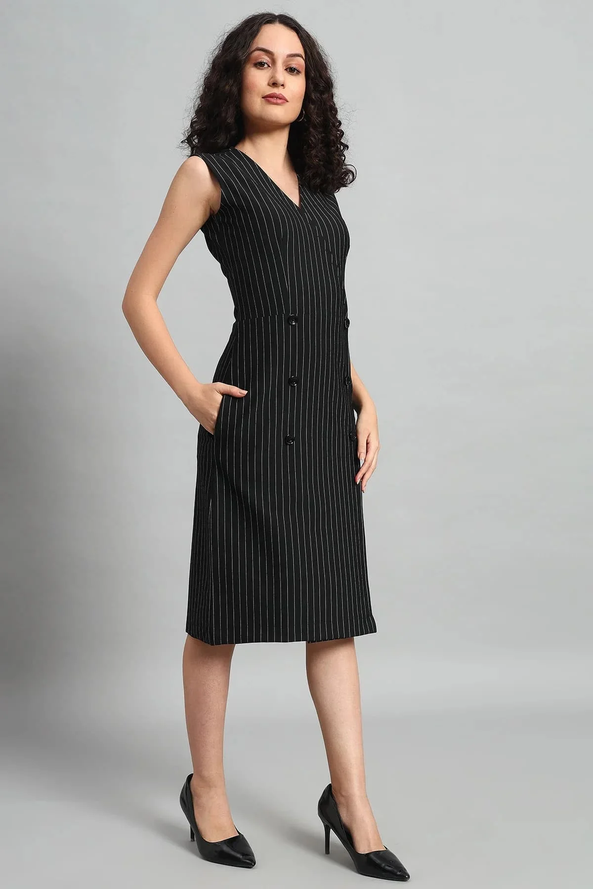 Double Breasted Vest Dress – Black Pinstripe - Image 4