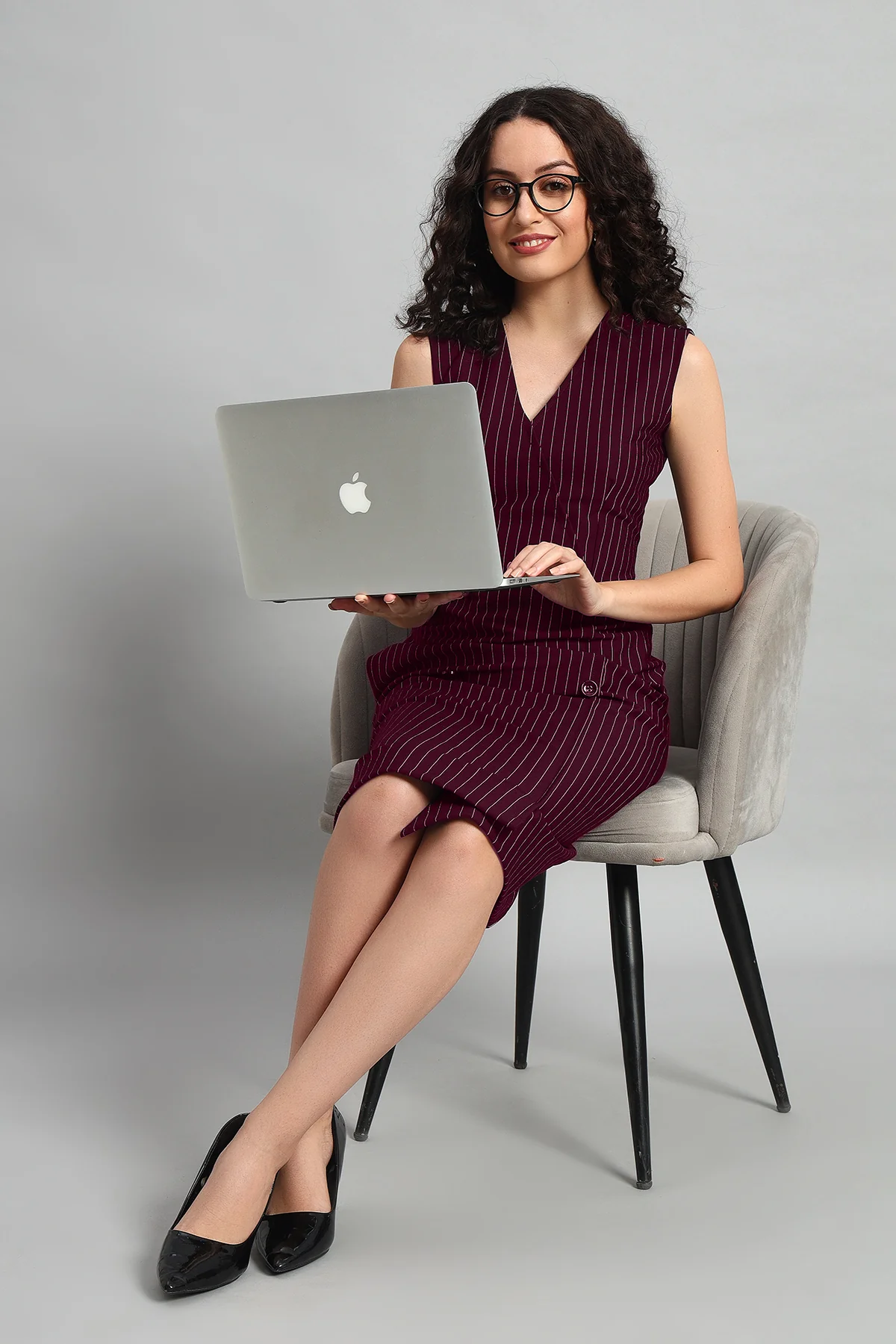 Double Breasted Vest Dress – Wine Pinstripe