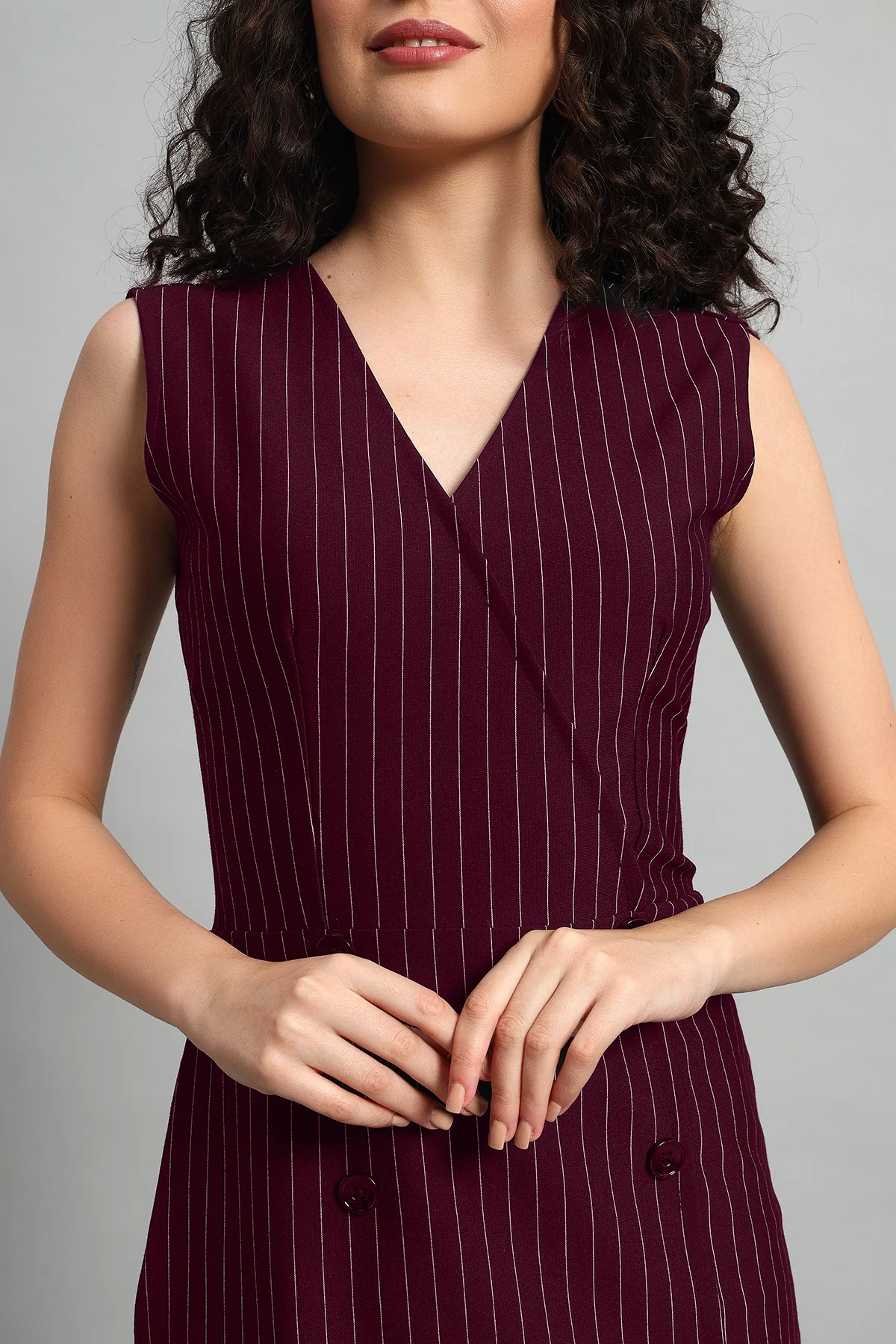 Double Breasted Vest Dress – Wine Pinstripe - Image 2