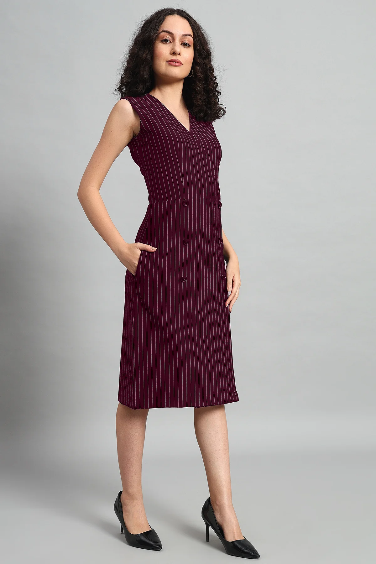 Double Breasted Vest Dress – Wine Pinstripe - Image 3