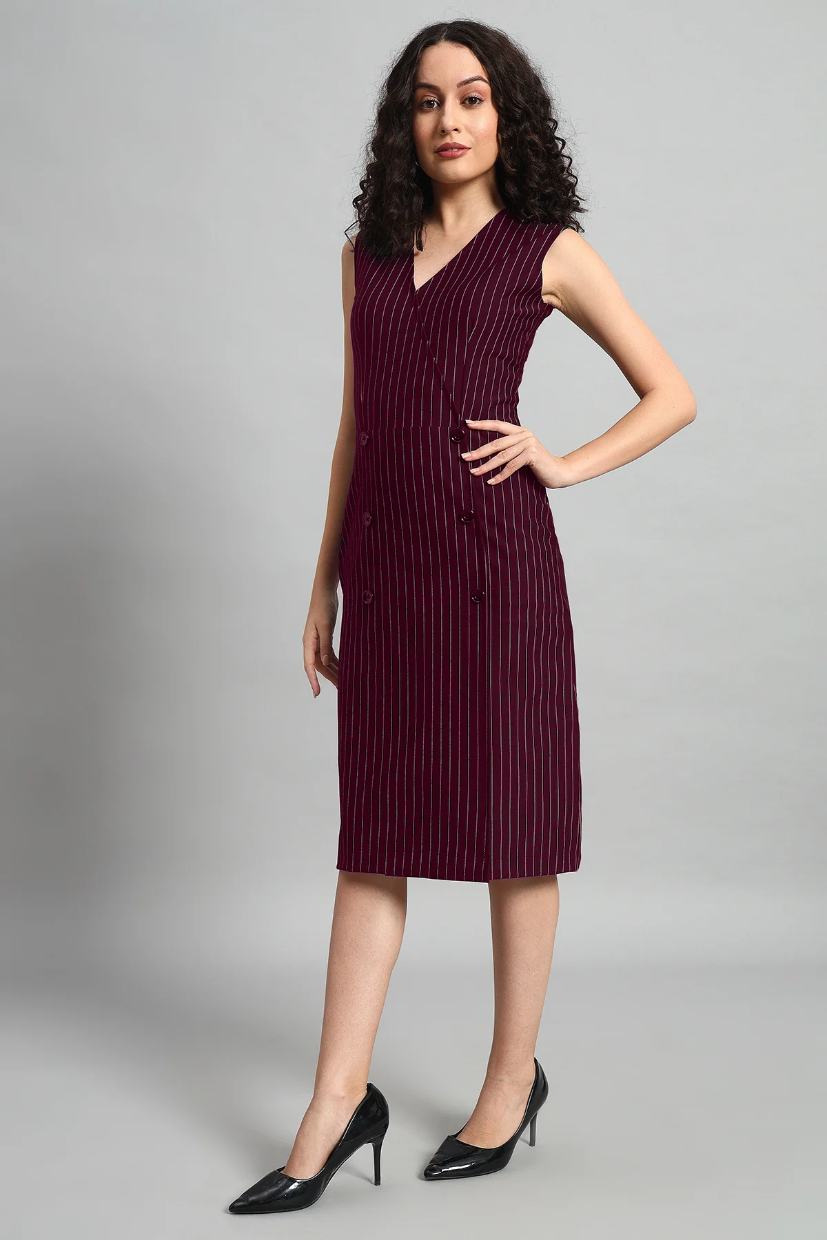 Double Breasted Vest Dress – Wine Pinstripe - Image 4