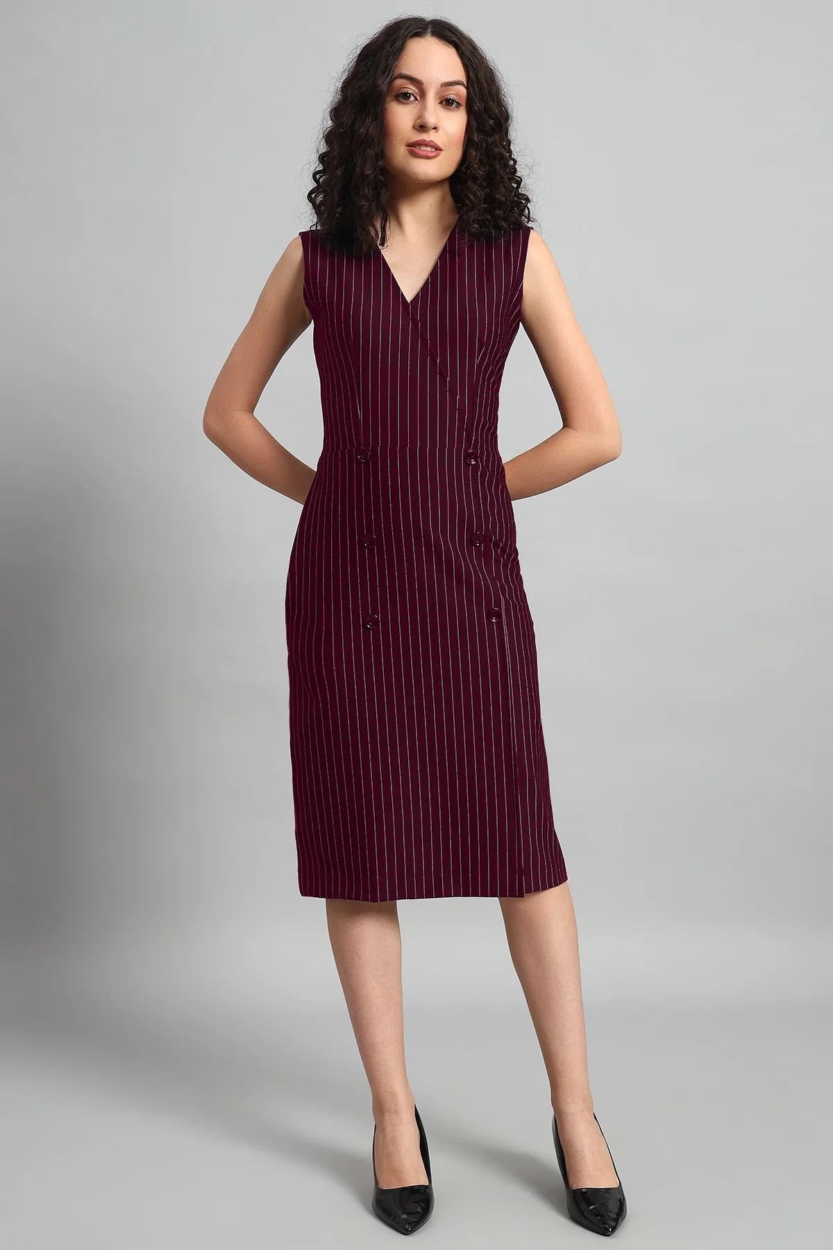 Double Breasted Vest Dress – Wine Pinstripe - Image 5