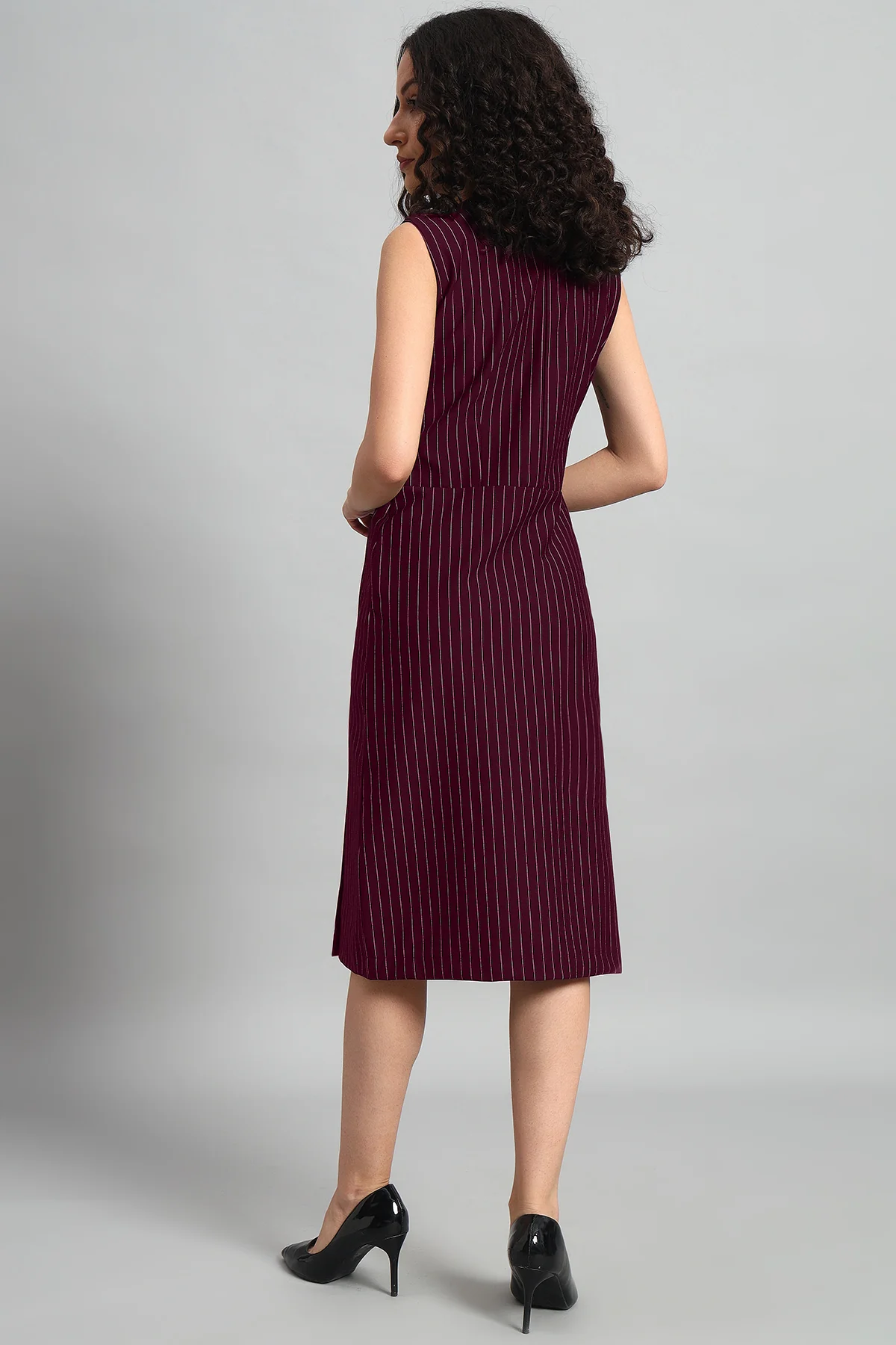Double Breasted Vest Dress – Wine Pinstripe - Image 6