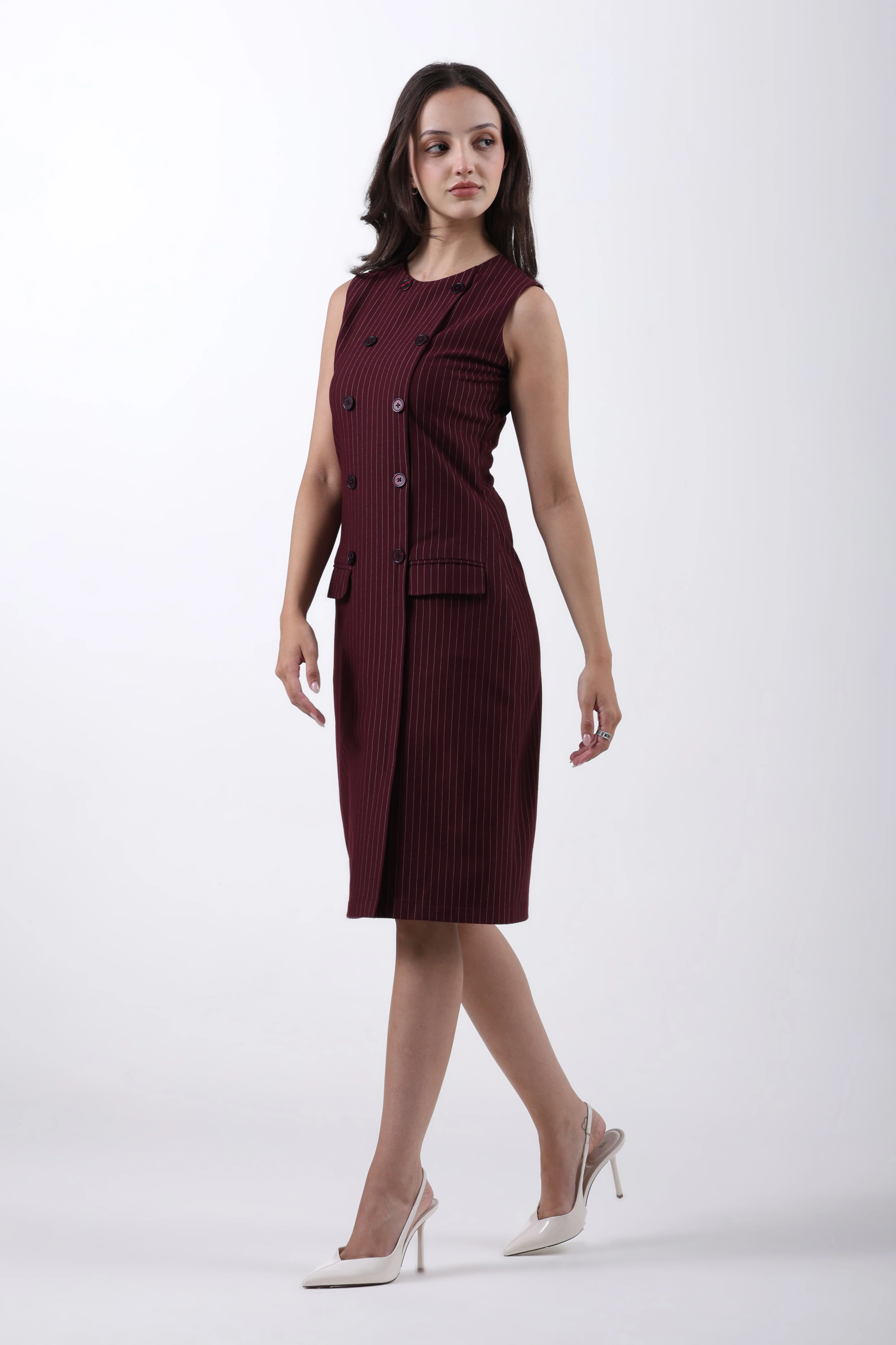 Double Breasted Wine Sheath Dress – Wine Pinstripe - Image 2