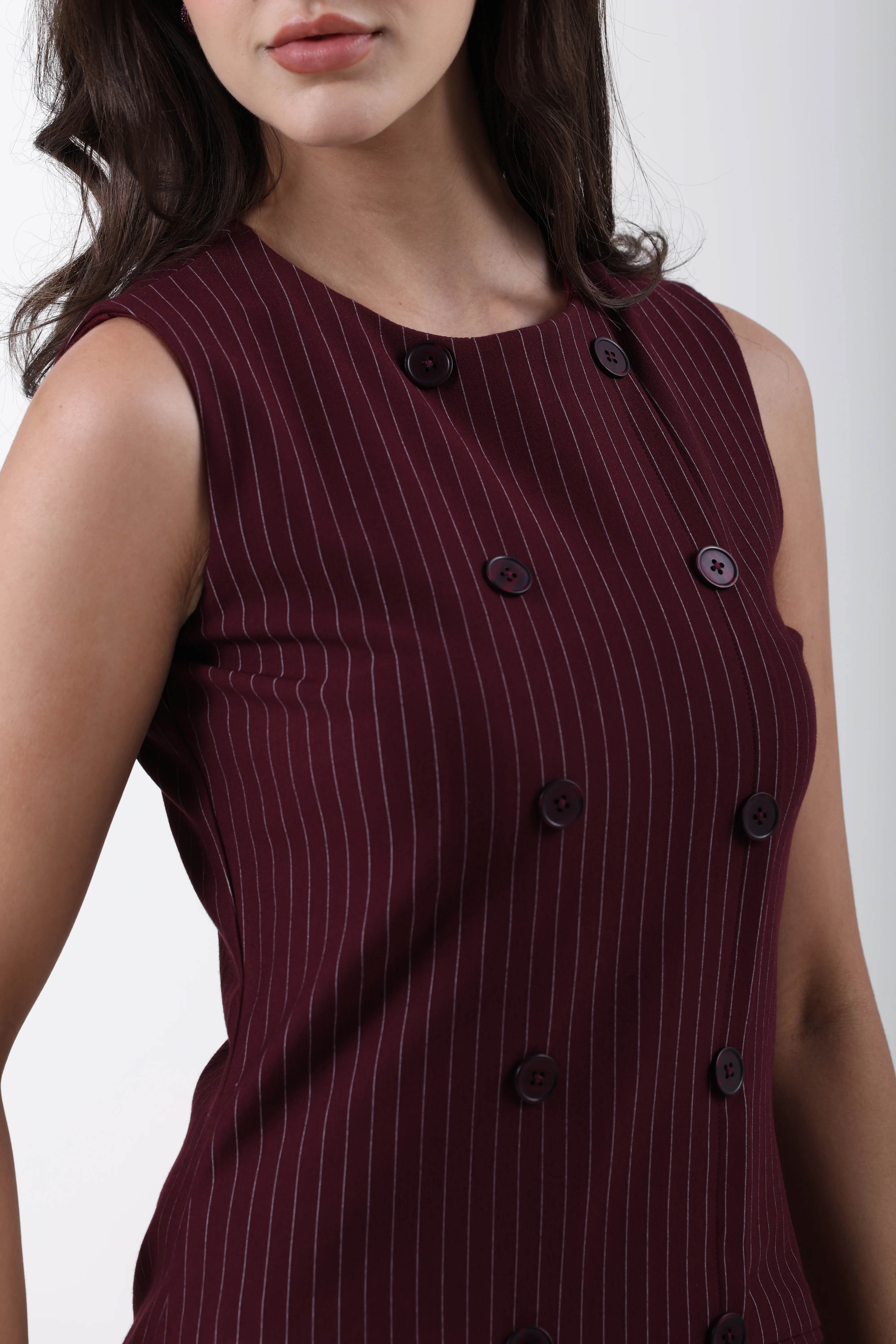 Double Breasted Wine Sheath Dress – Wine Pinstripe - Image 3