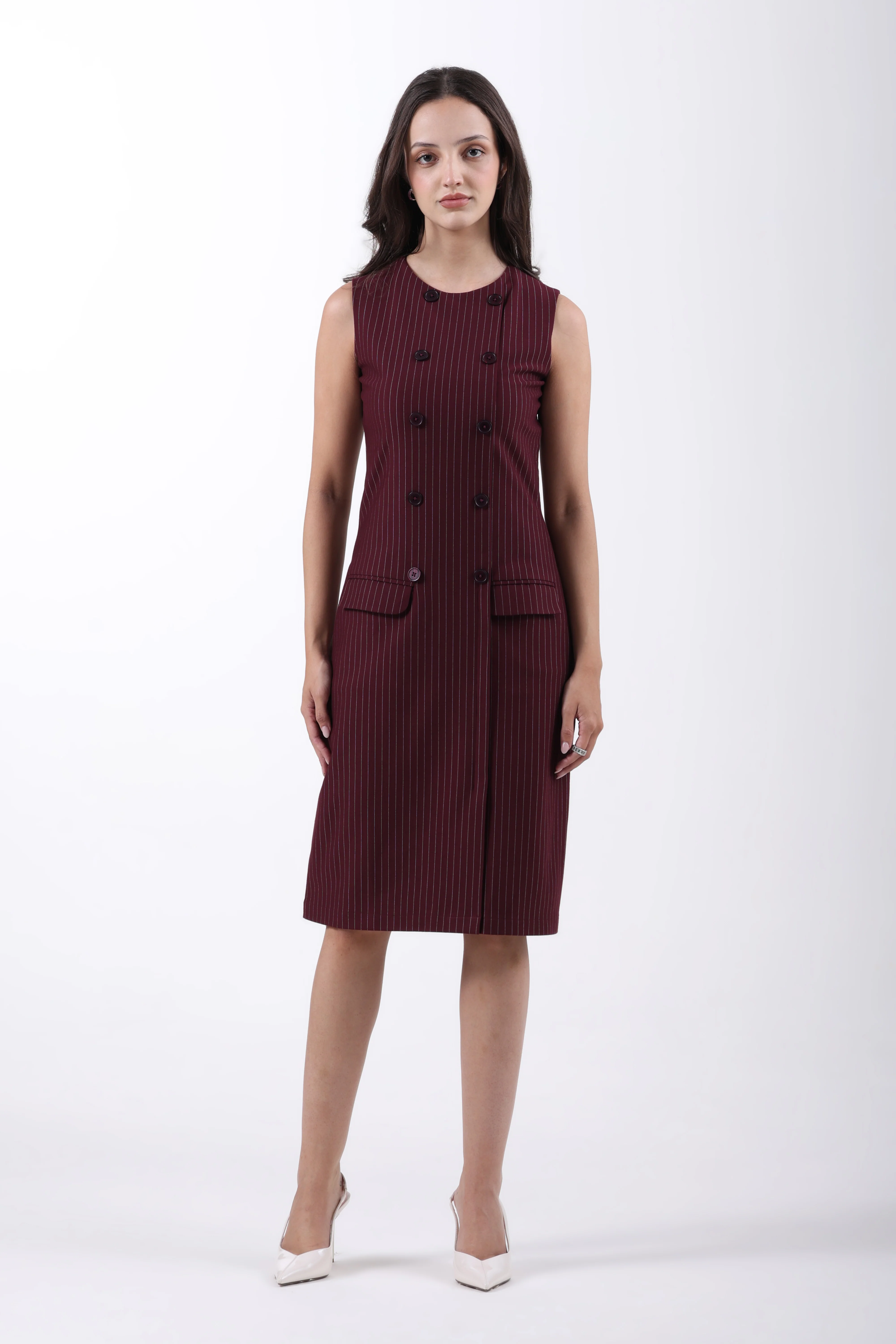 Double Breasted Wine Sheath Dress – Wine Pinstripe - Image 4