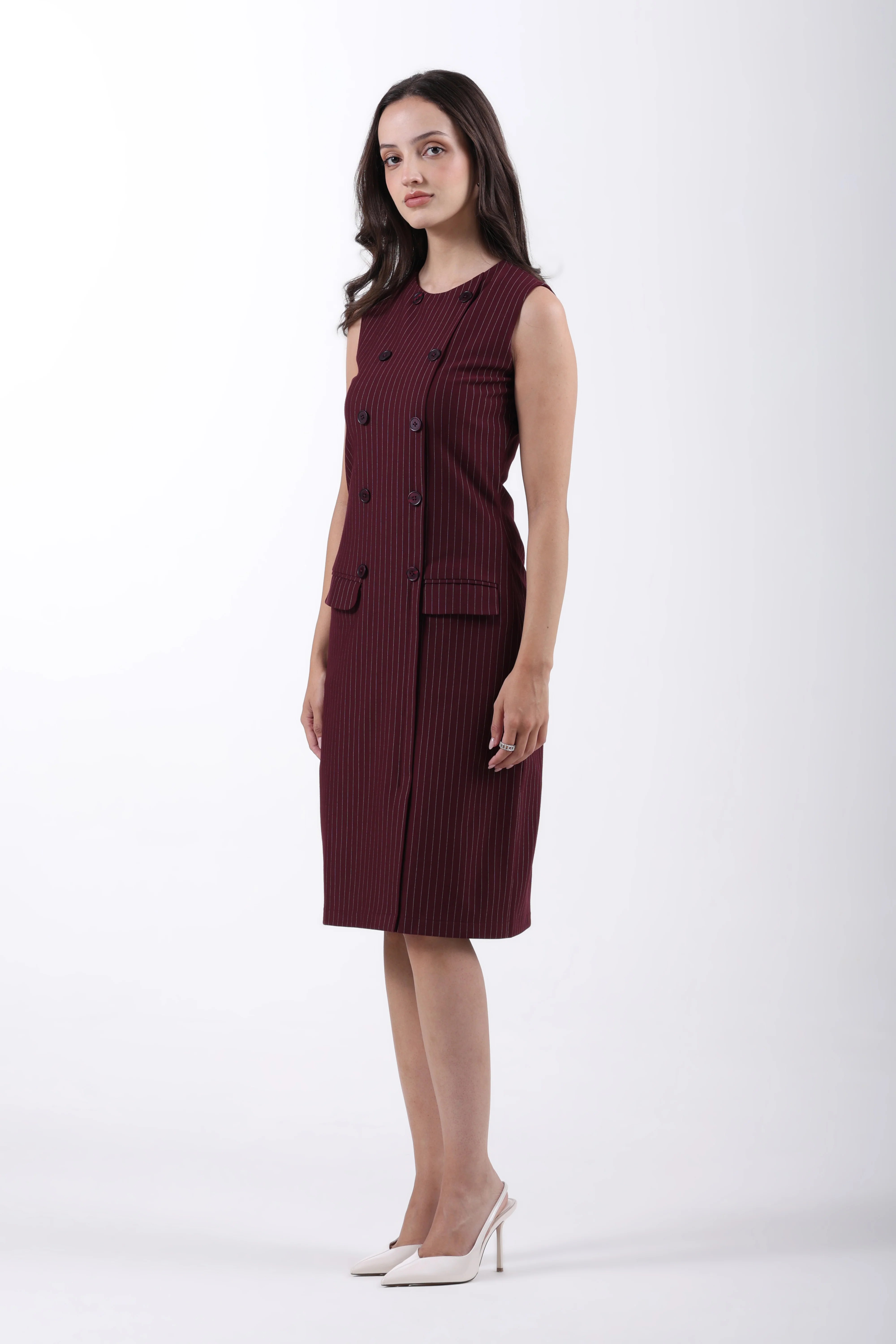 Double Breasted Wine Sheath Dress – Wine Pinstripe - Image 5