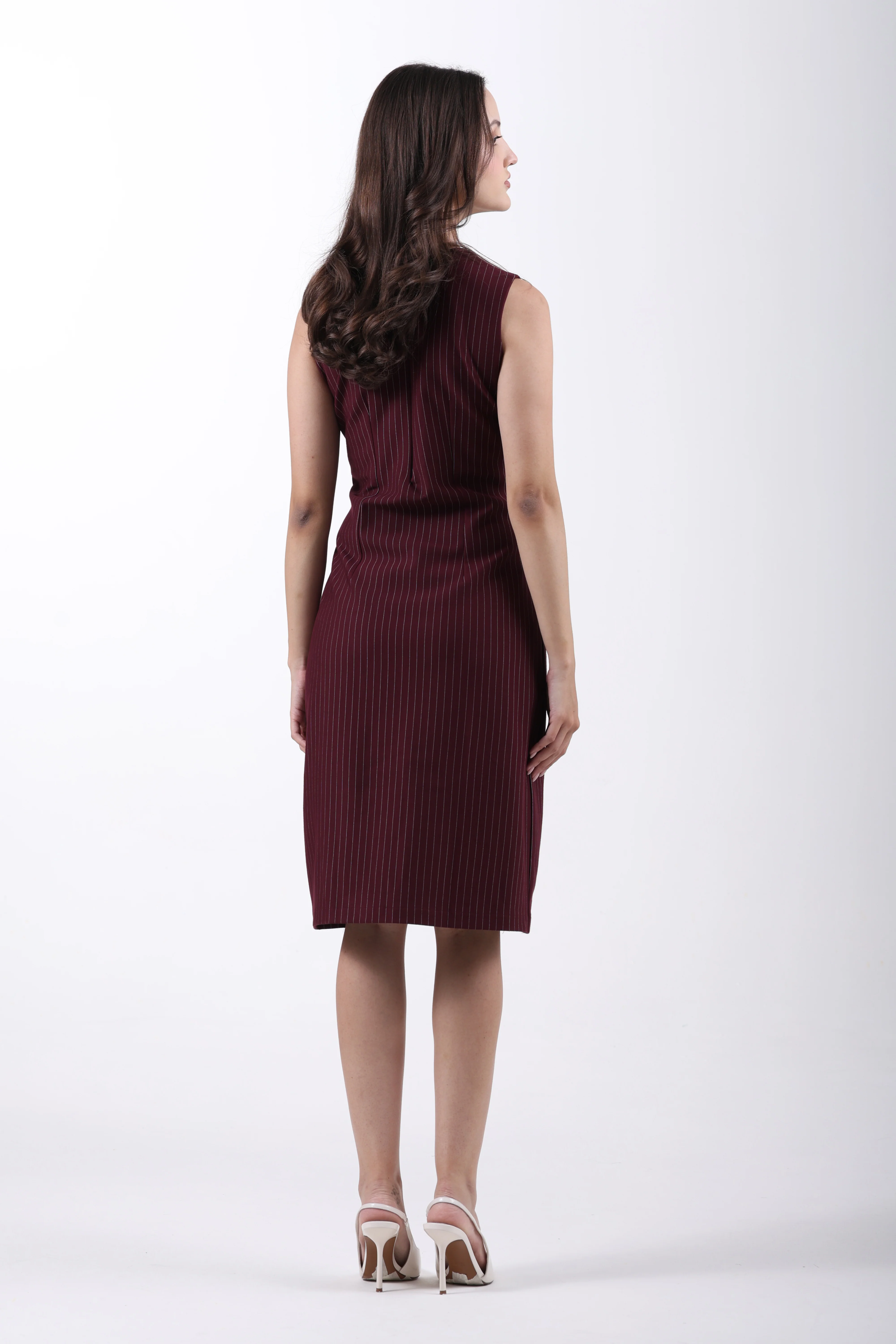Double Breasted Wine Sheath Dress – Wine Pinstripe - Image 6