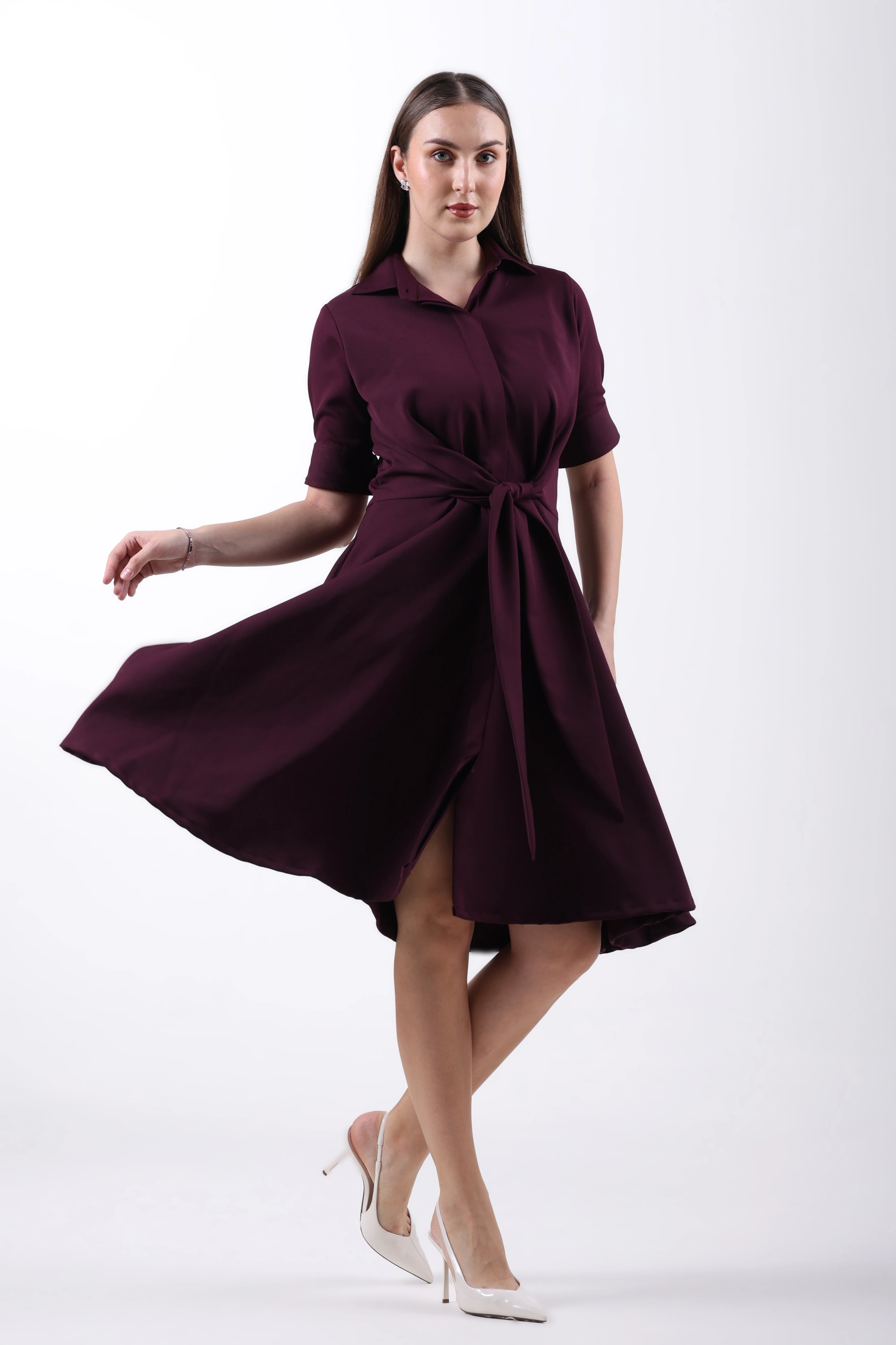 Front Tie-Waist Fit & Flare Midi Dress – Plum