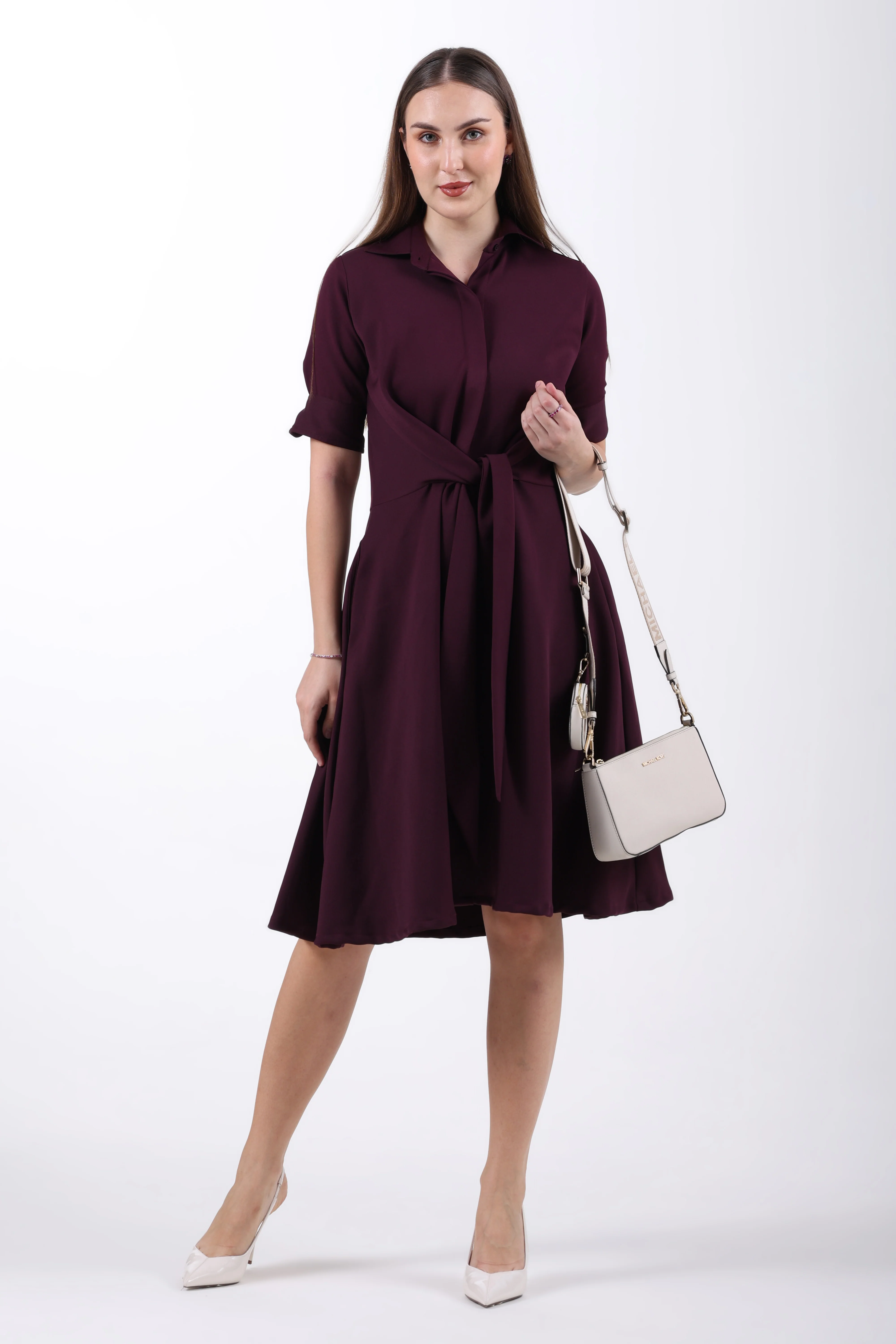 Front Tie-Waist Fit & Flare Midi Dress – Plum - Image 2