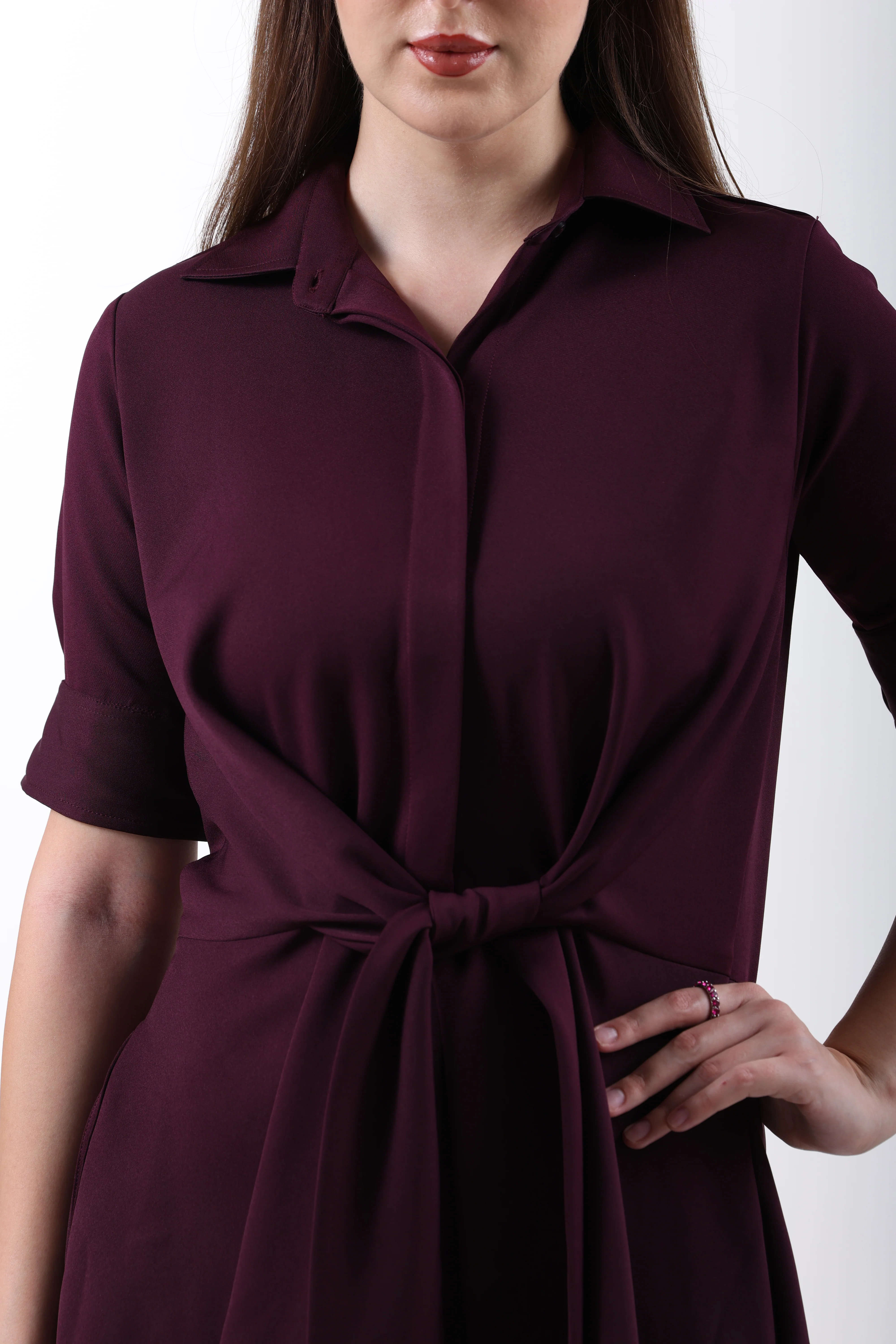 Front Tie-Waist Fit & Flare Midi Dress – Plum - Image 3