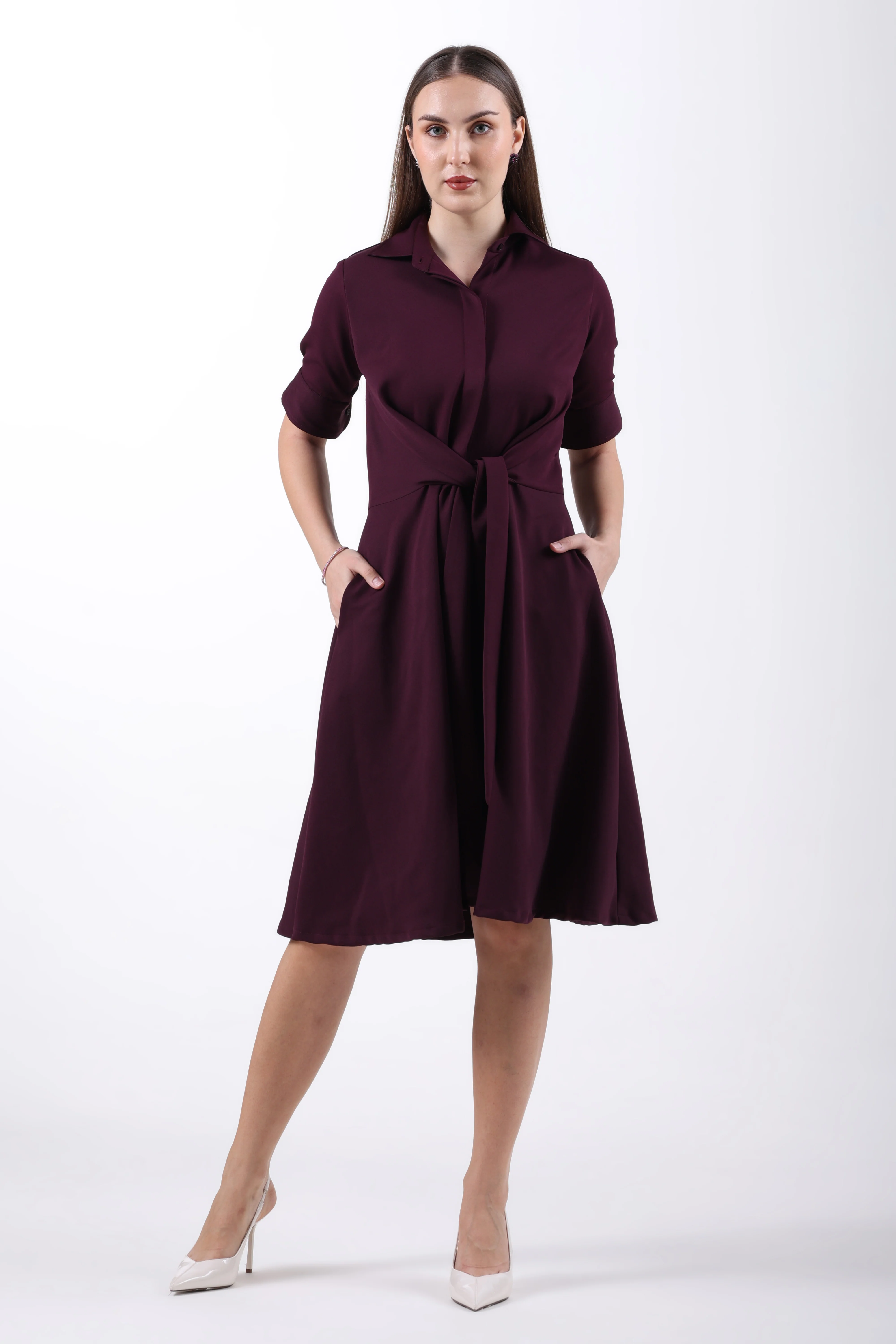 Front Tie-Waist Fit & Flare Midi Dress – Plum - Image 4