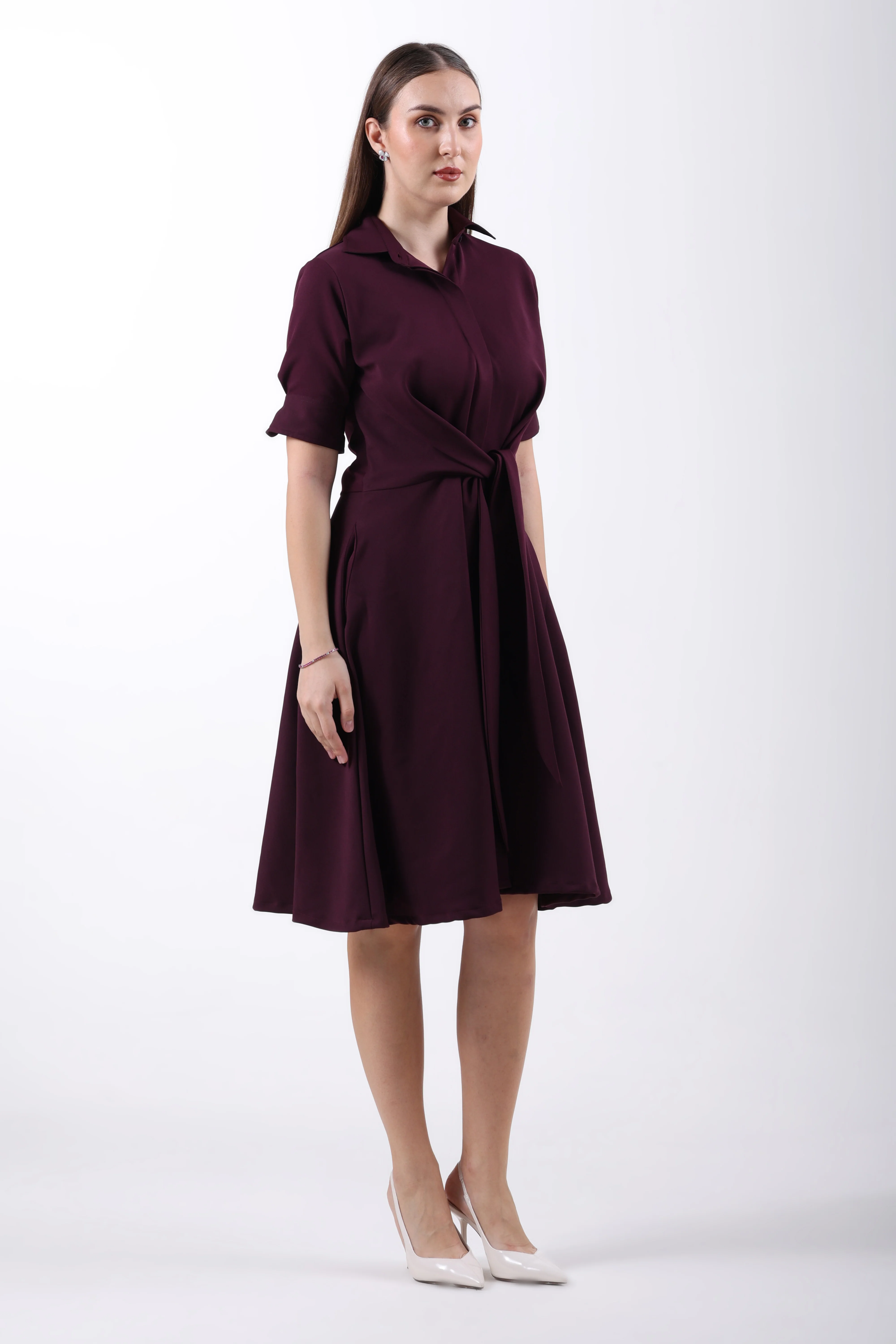 Front Tie-Waist Fit & Flare Midi Dress – Plum - Image 5