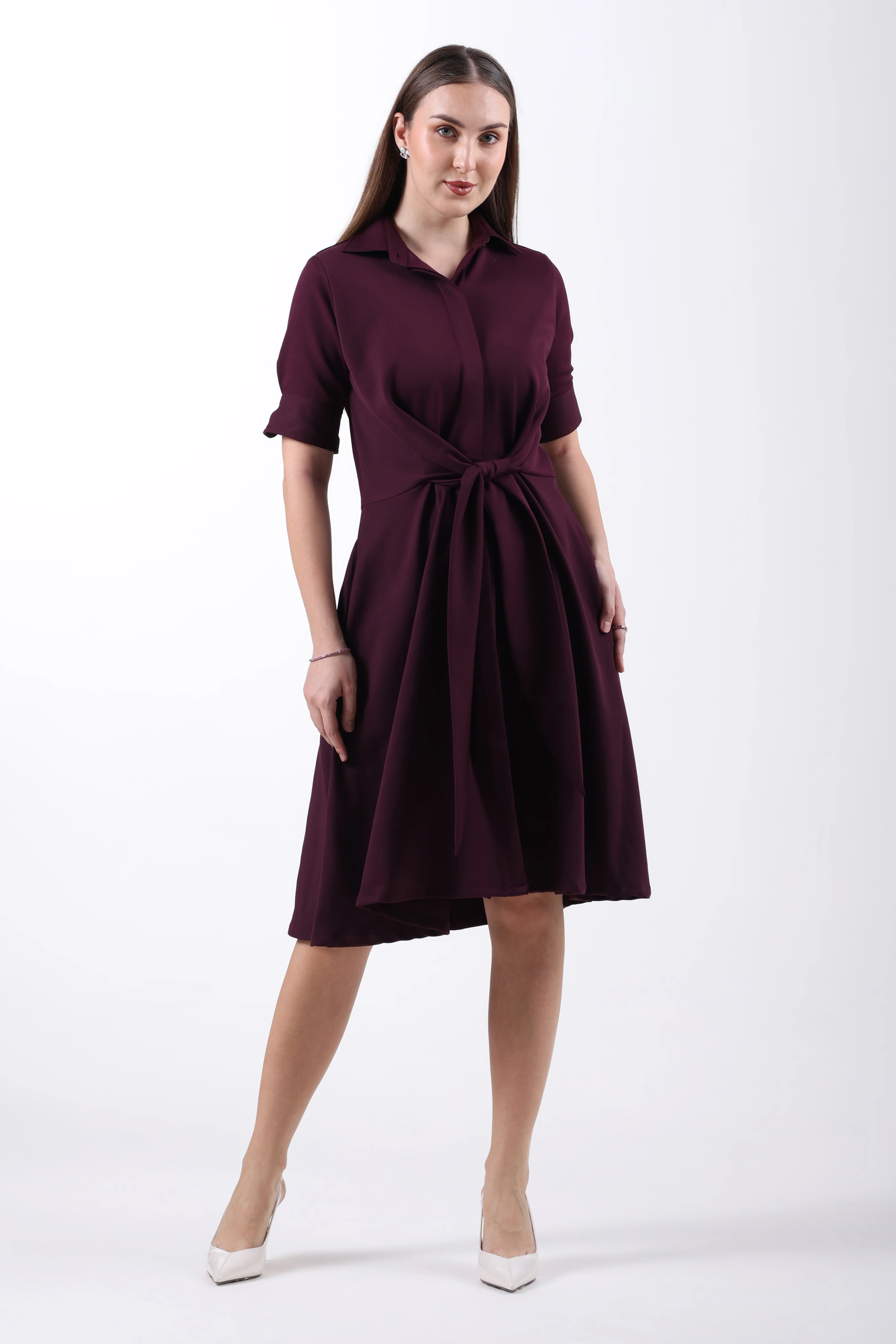 Front Tie-Waist Fit & Flare Midi Dress – Plum - Image 6