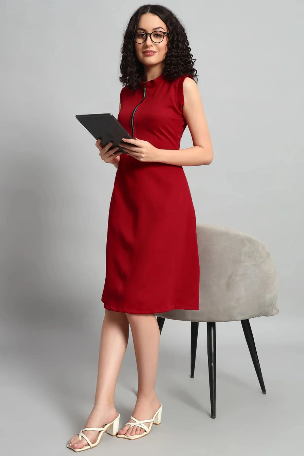 Front Zip Midi Dress – Red - Image 2