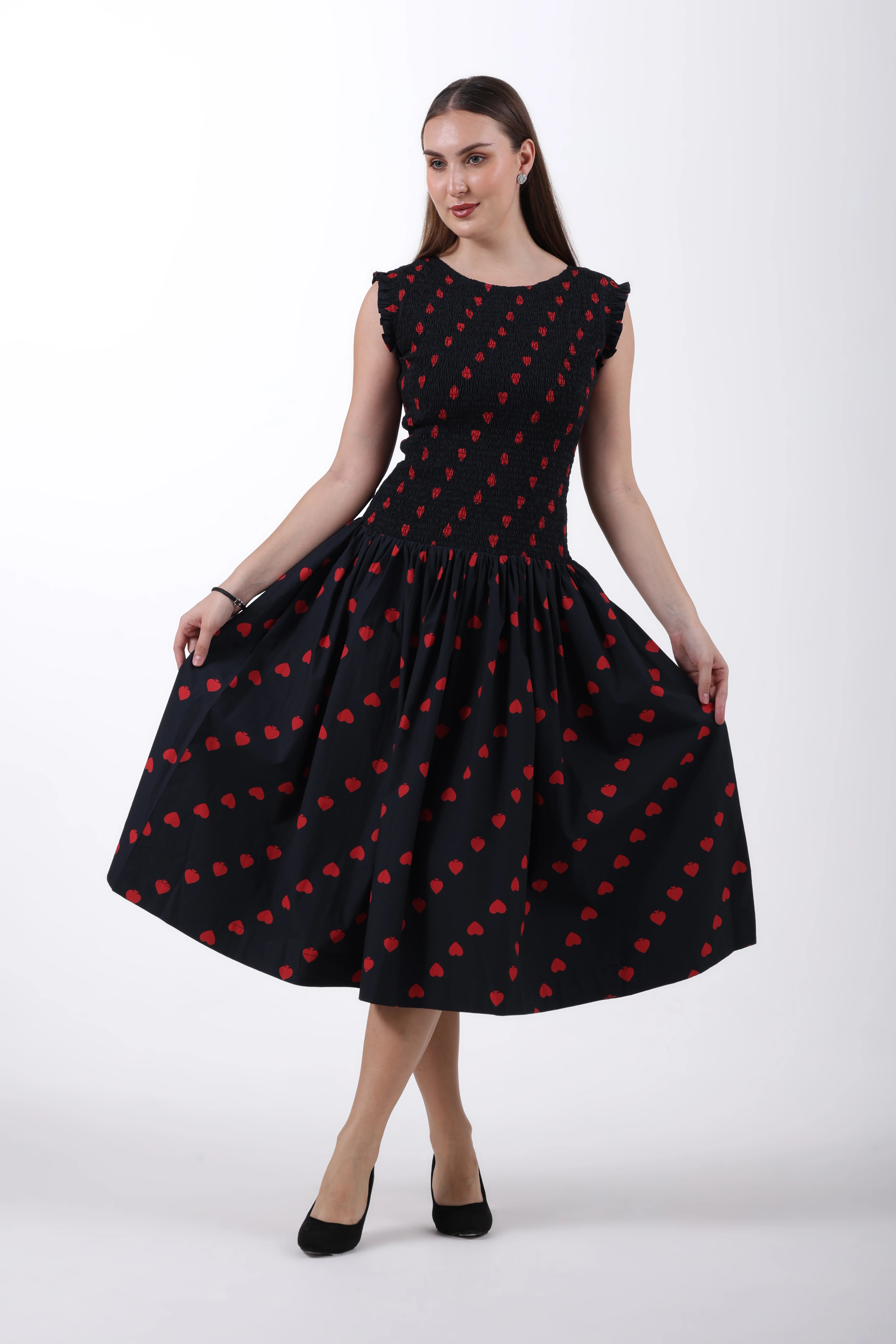 Hearts & Spades Drop-Waist Cotton Maxi Dress – Black & Red - Image 4