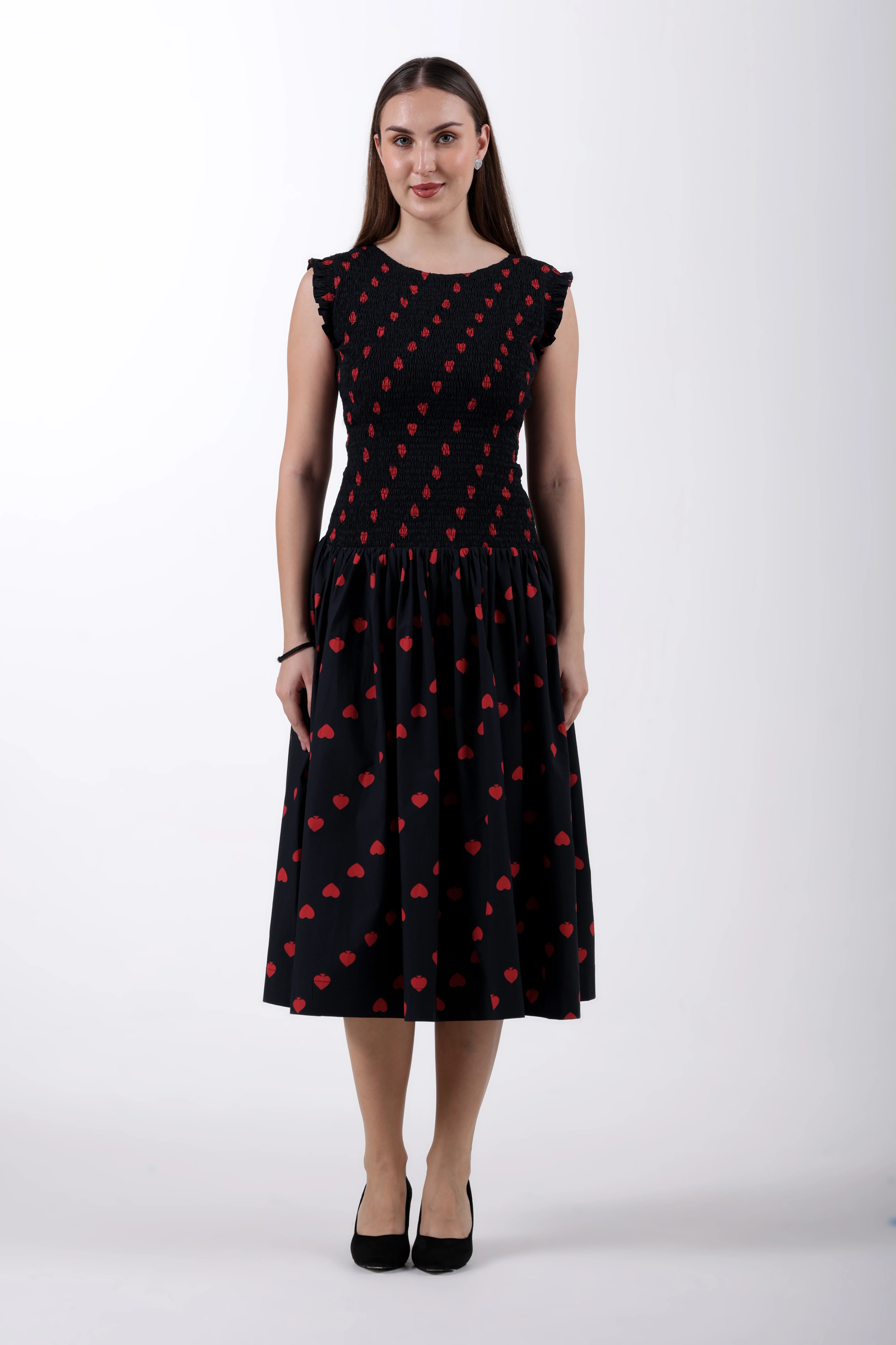 Hearts & Spades Drop-Waist Cotton Maxi Dress – Black & Red - Image 6