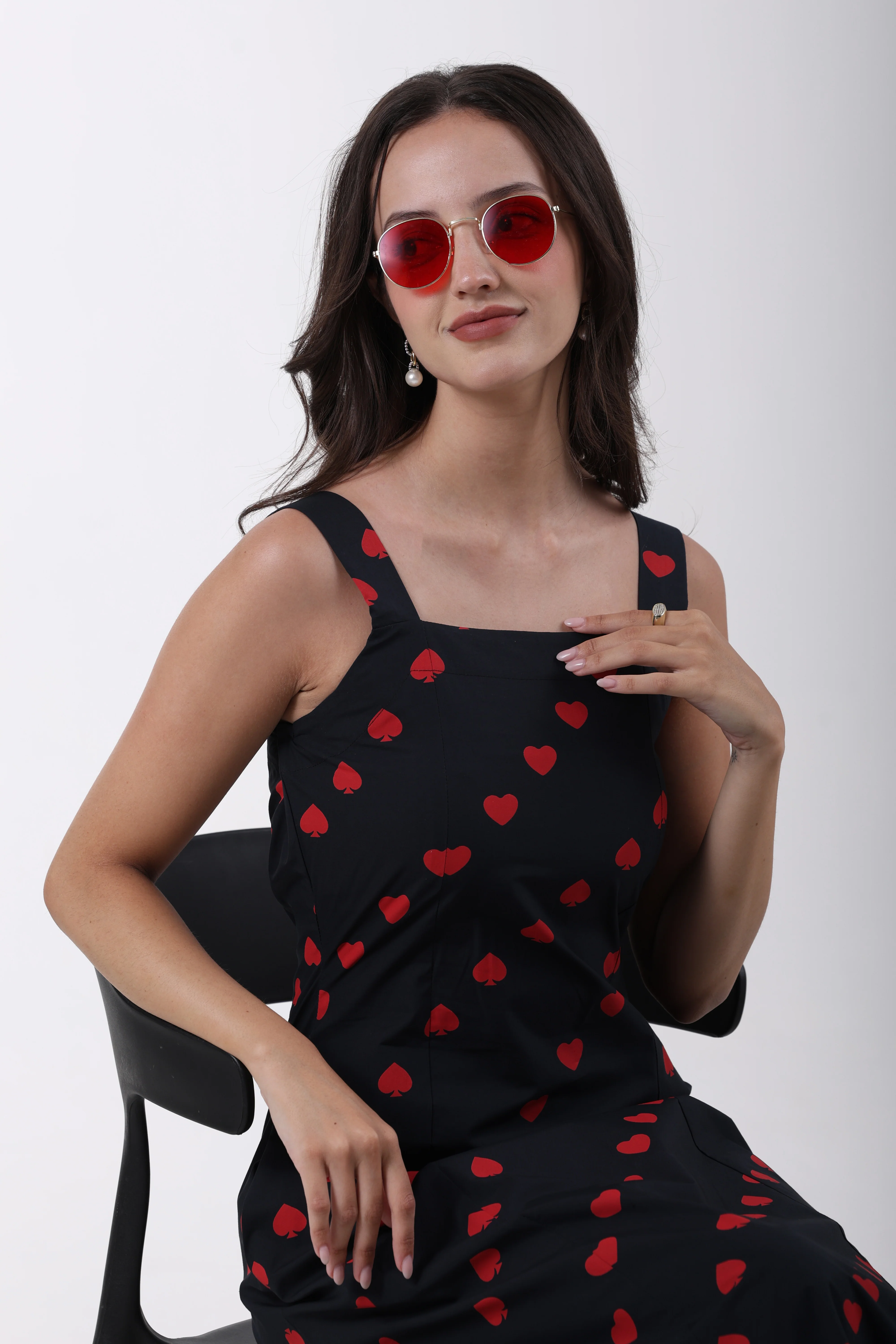 Hearts & Spades Sleeveless Cotton Midi Dress – Black & Red - Image 3