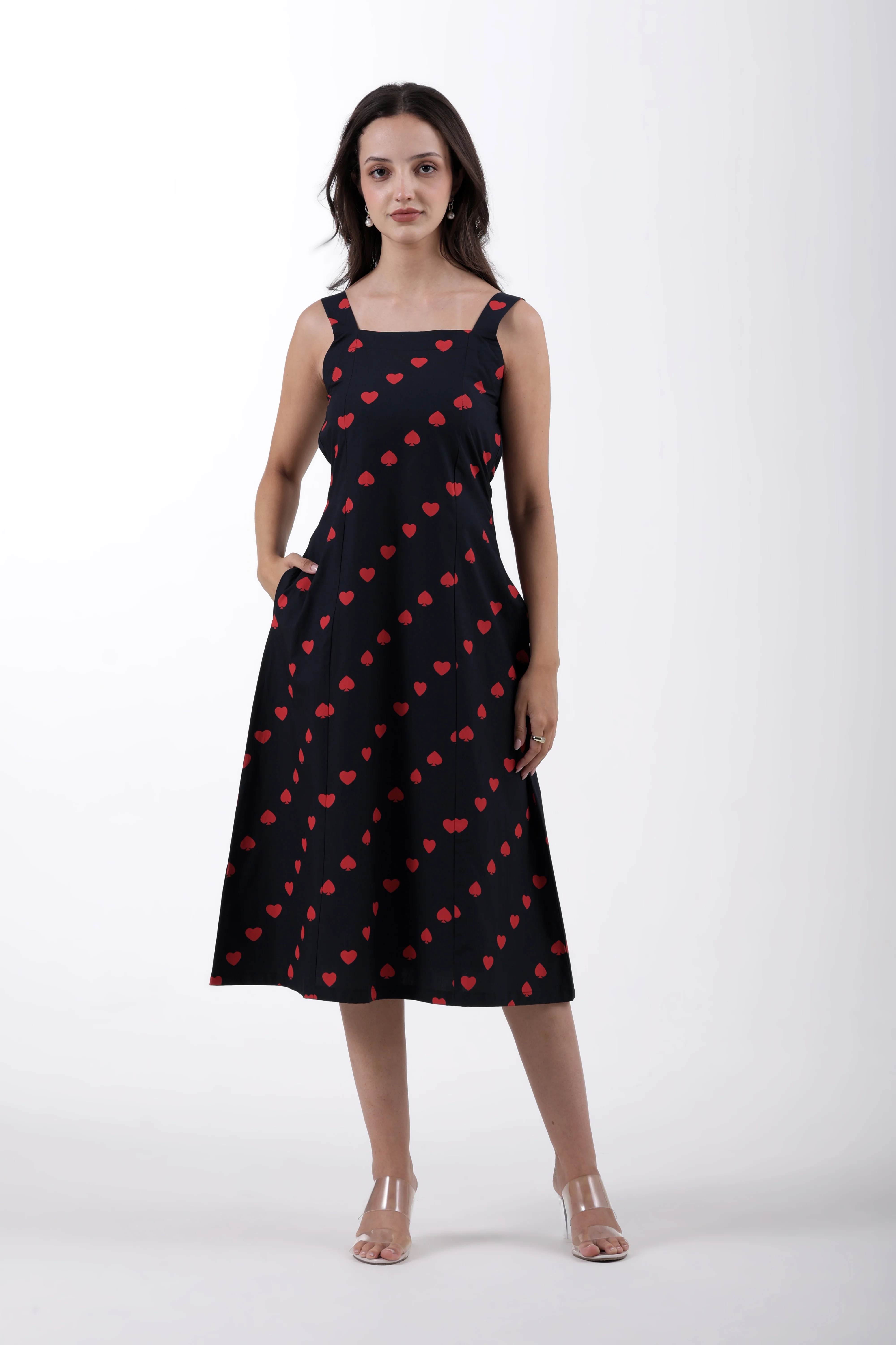 Hearts & Spades Sleeveless Cotton Midi Dress – Black & Red - Image 4