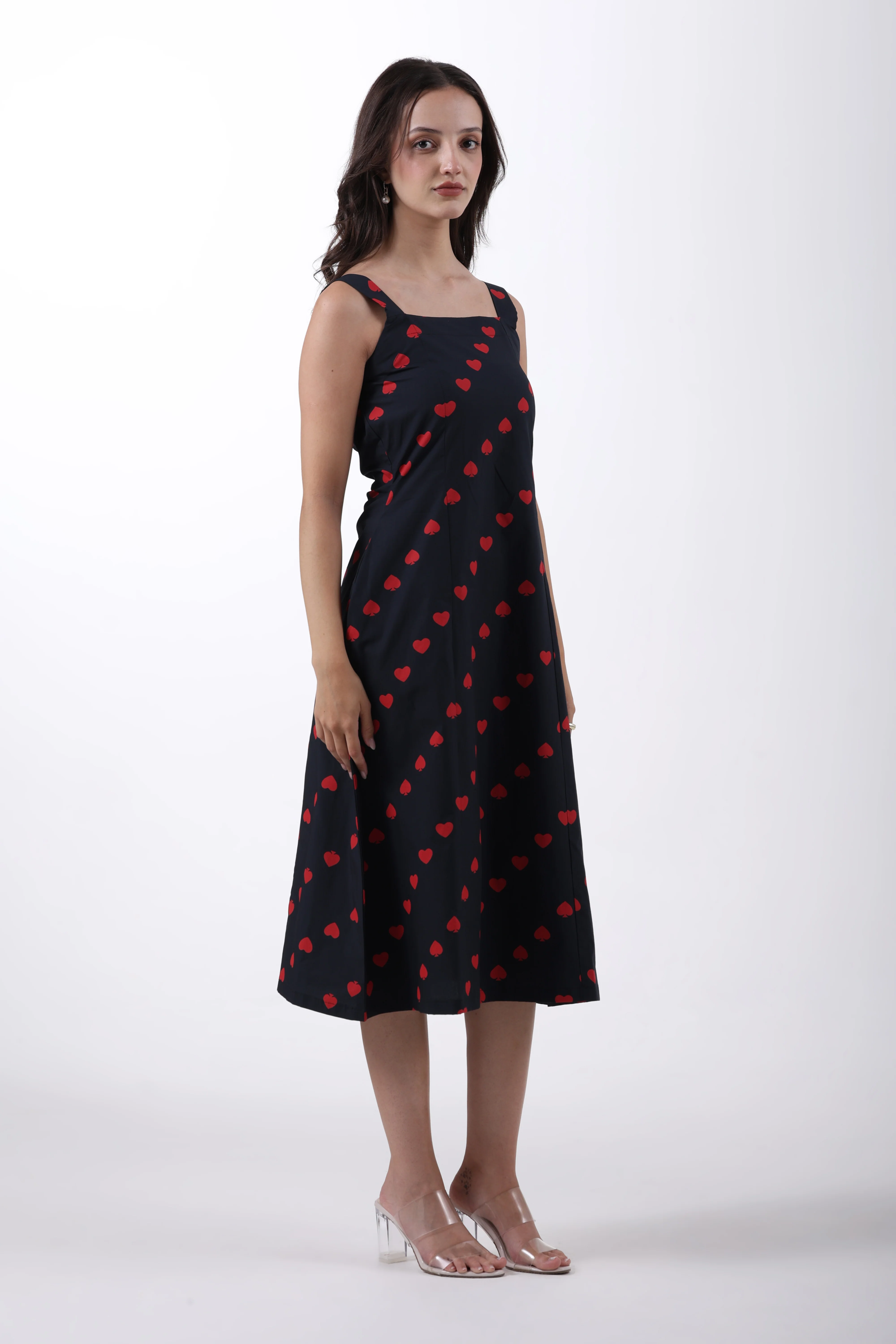 Hearts & Spades Sleeveless Cotton Midi Dress – Black & Red - Image 5