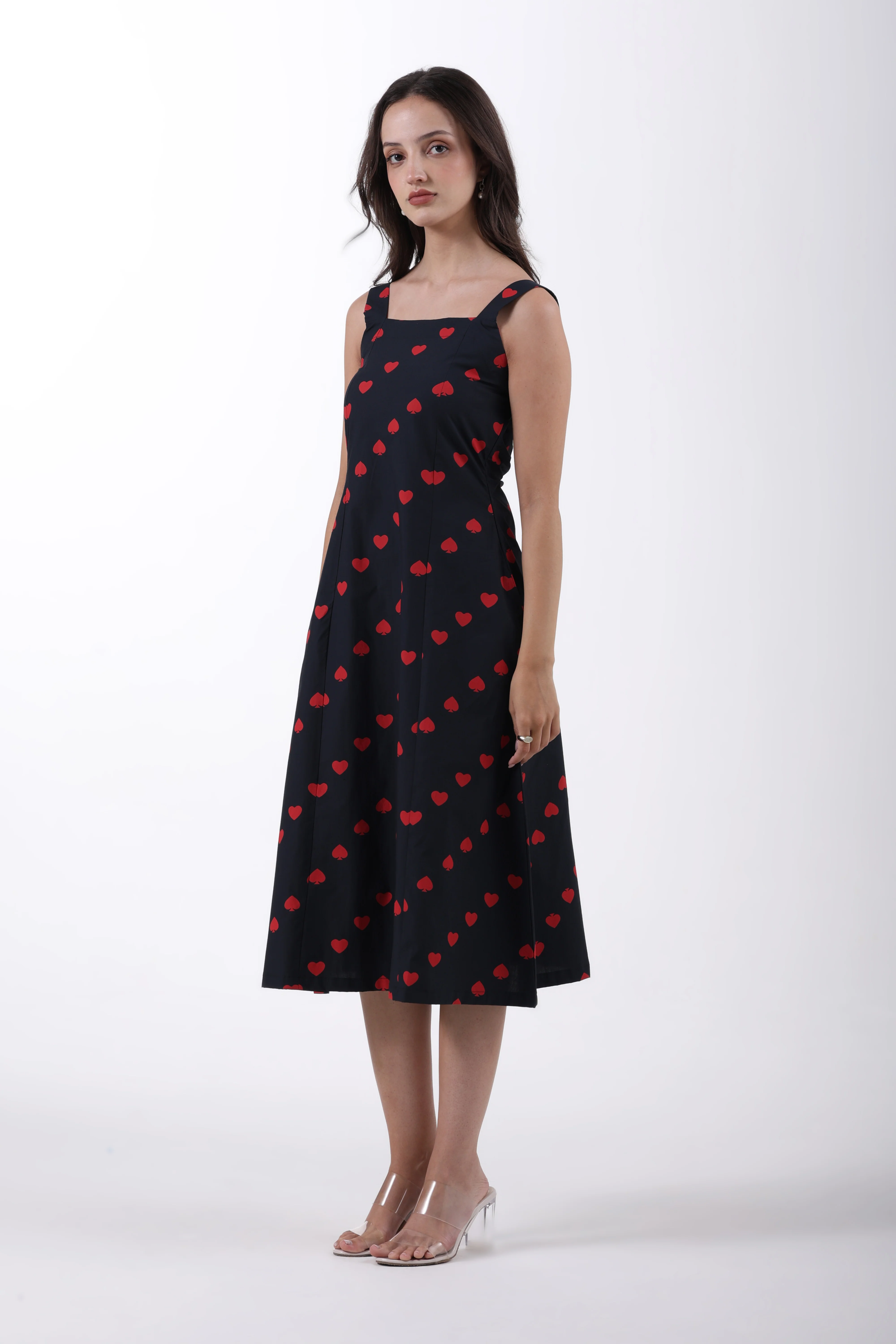 Hearts & Spades Sleeveless Cotton Midi Dress – Black & Red - Image 6