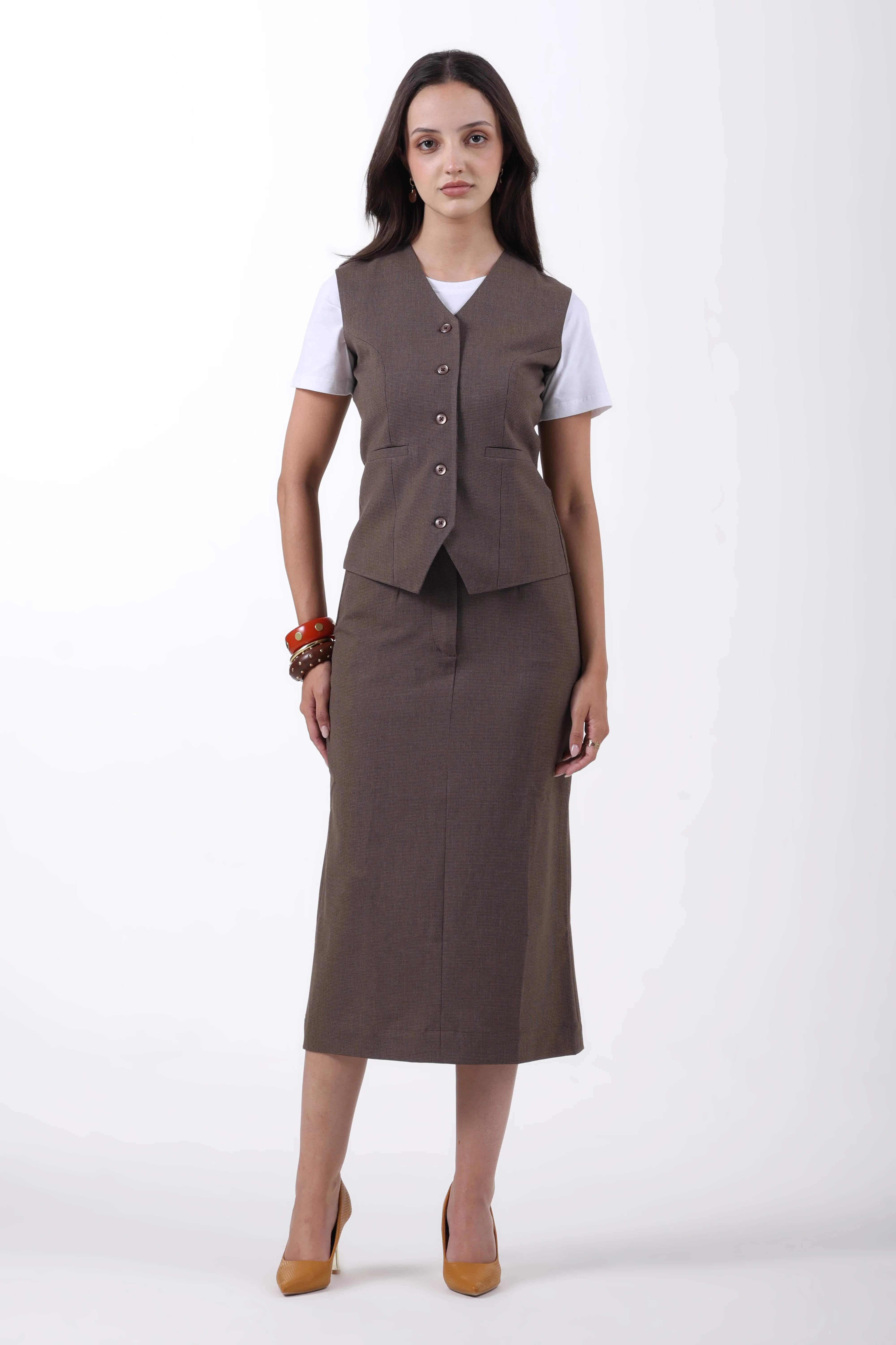 Houndstooth 2-Piece Skirt Co-ord Set – Brown - Image 3