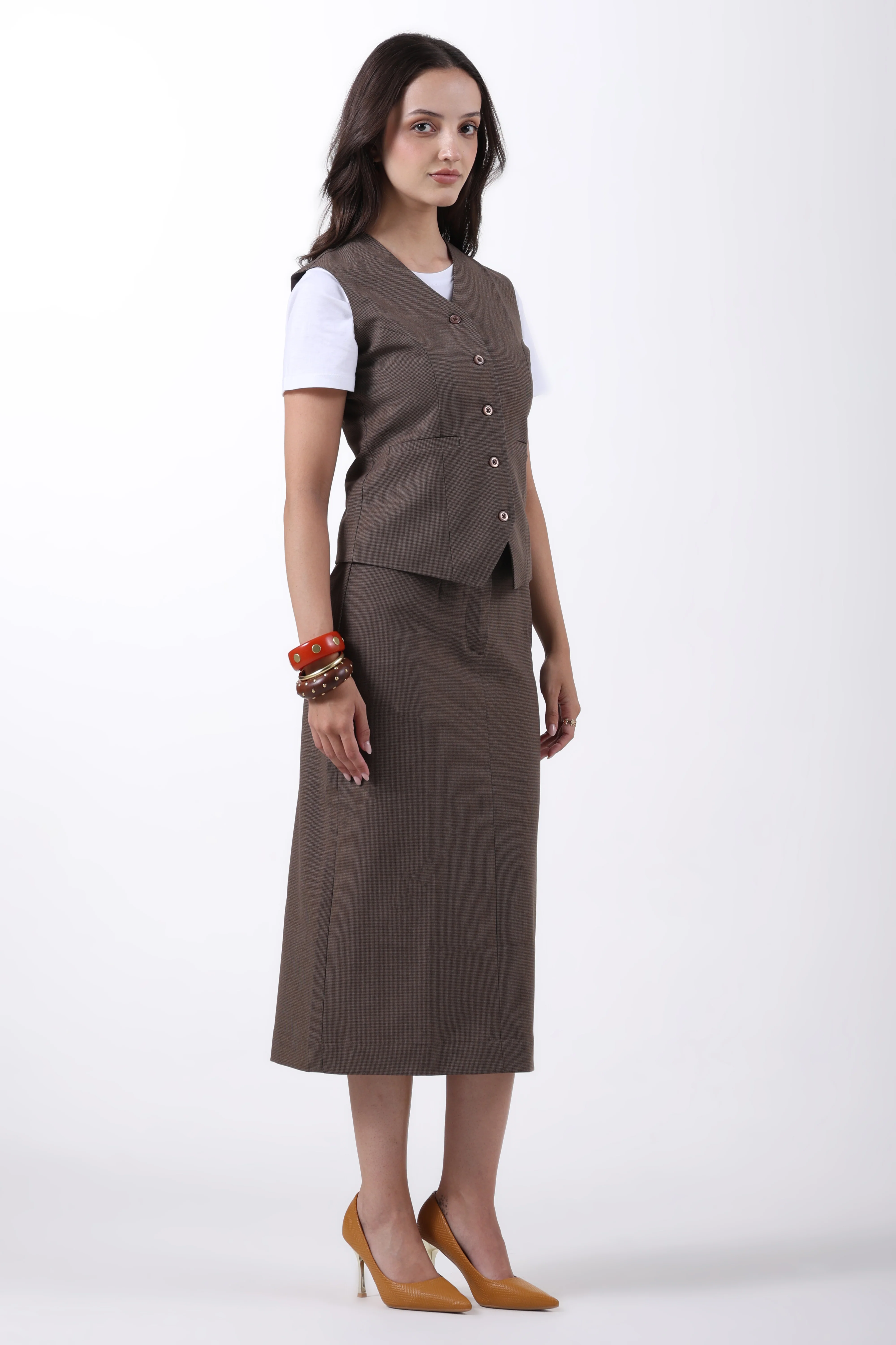 Houndstooth 2-Piece Skirt Co-ord Set – Brown - Image 4