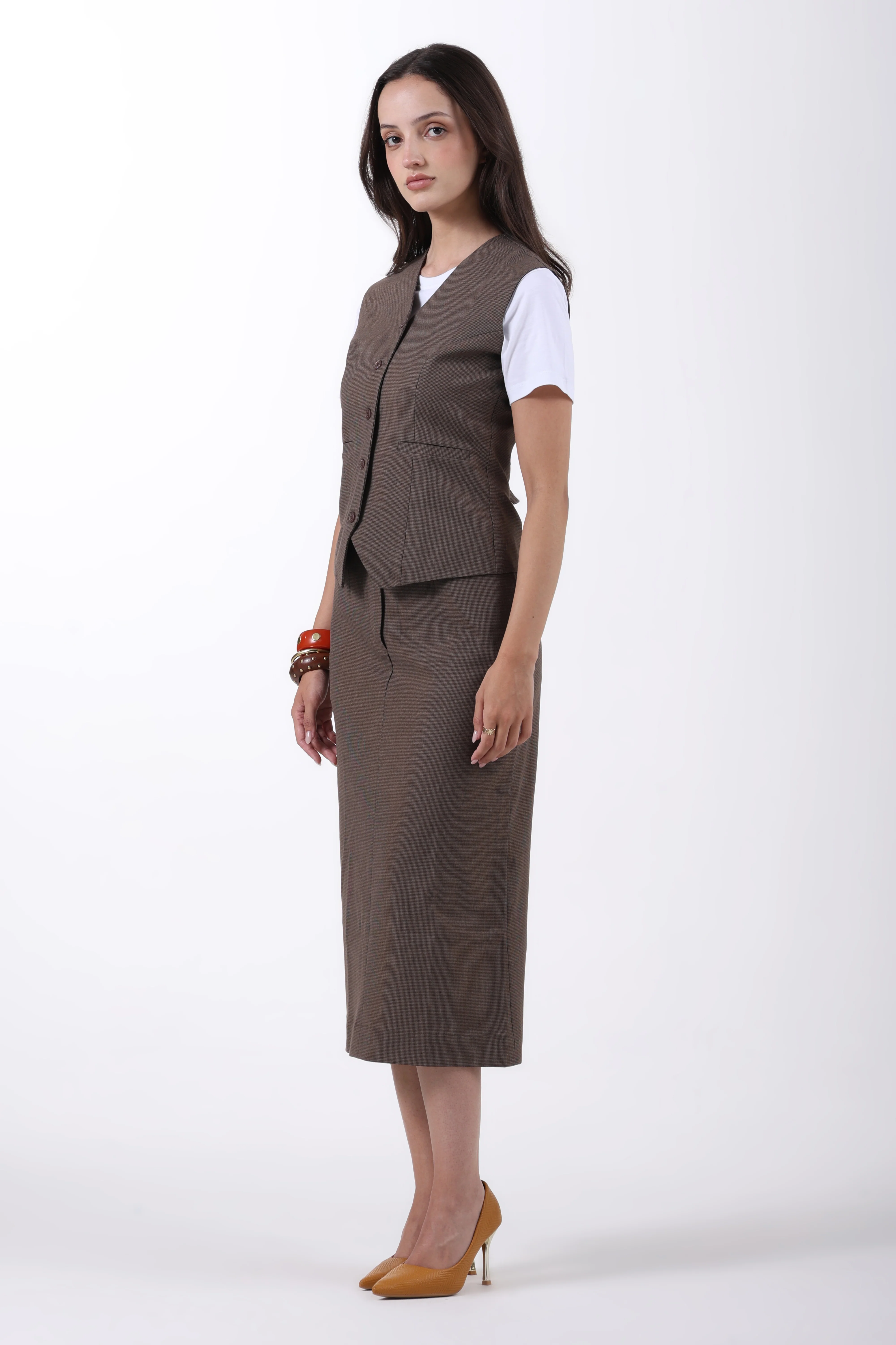 Houndstooth 2-Piece Skirt Co-ord Set – Brown - Image 5