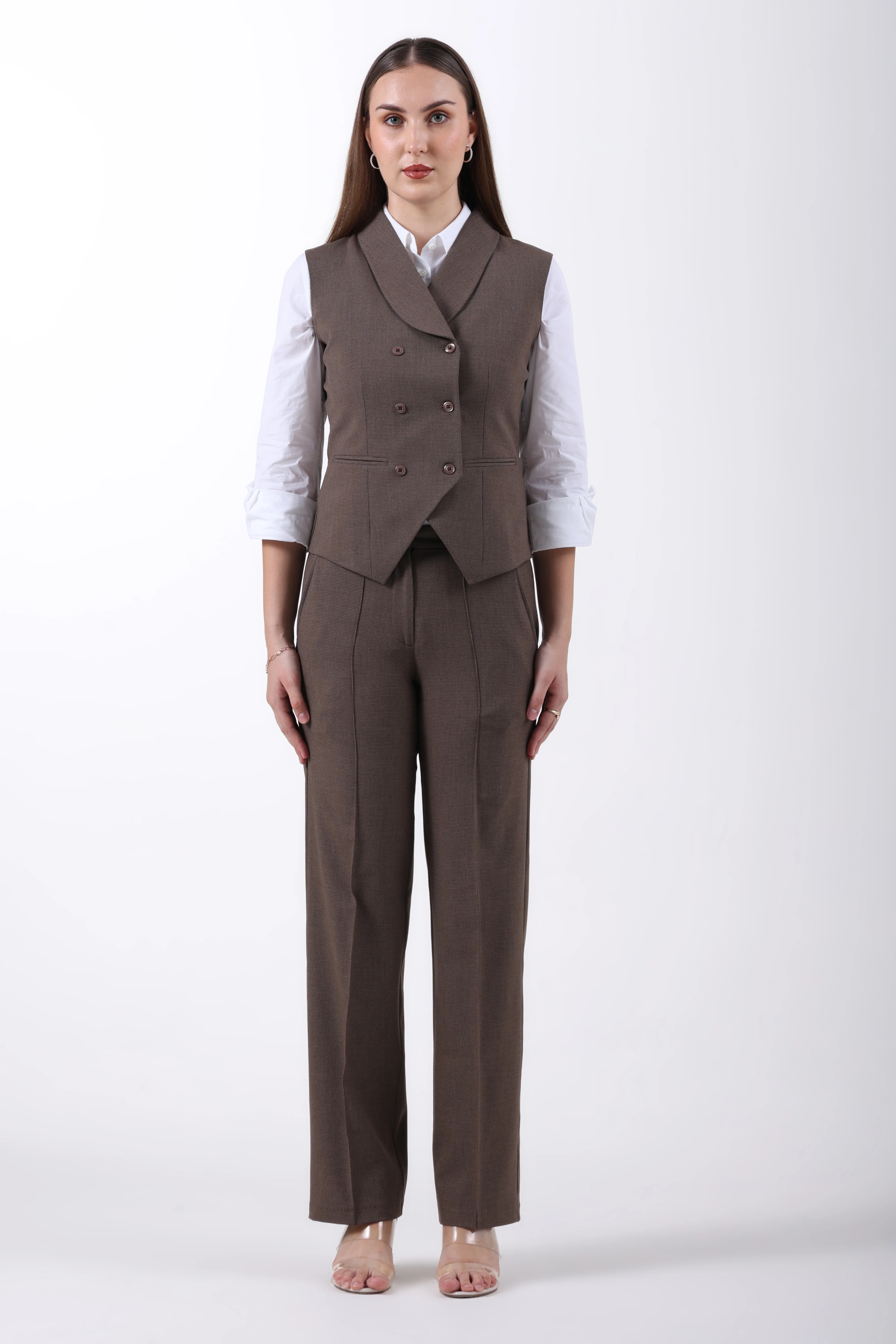 Houndstooth 3-Piece Trouser Co-ord Set – Brown - Image 3
