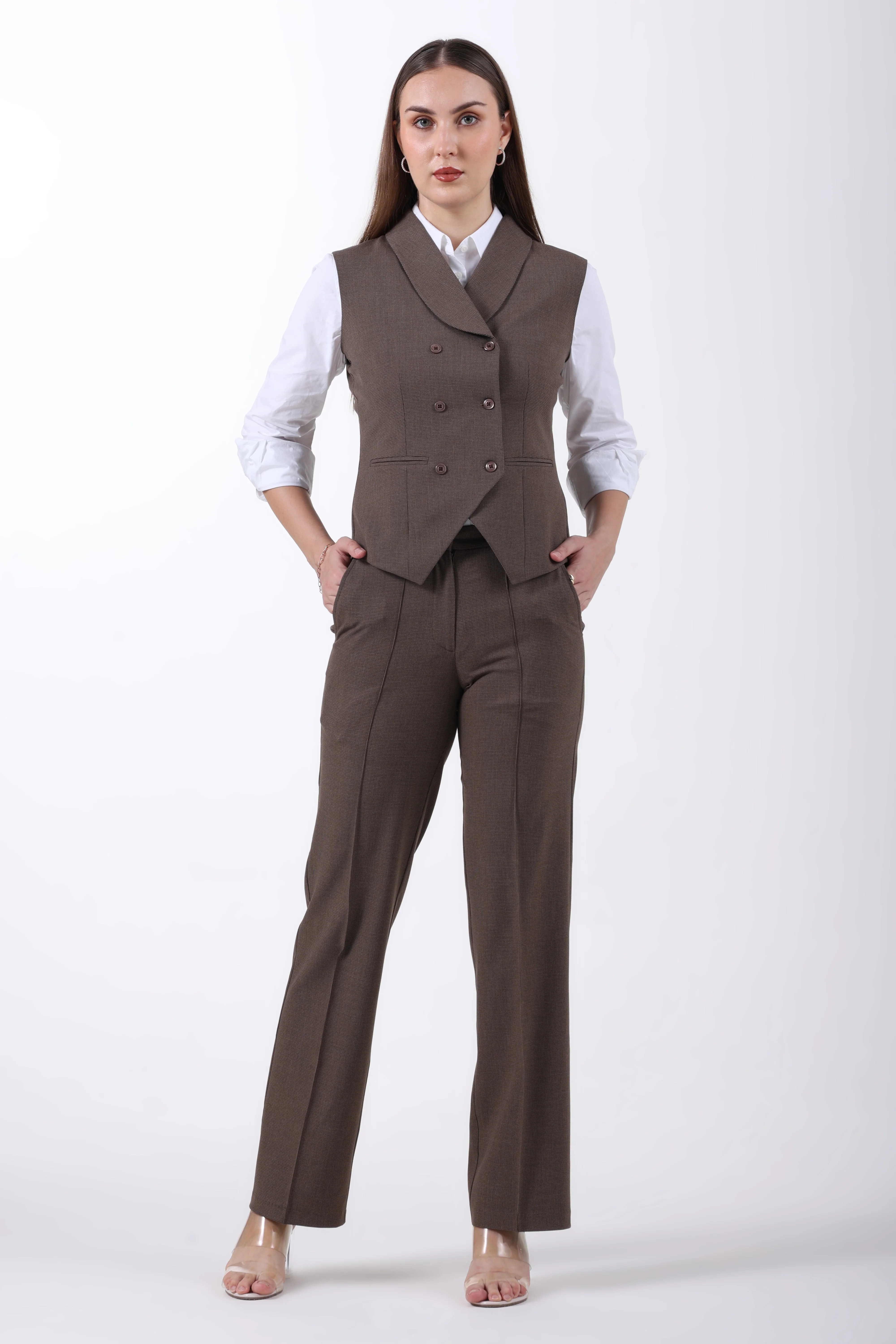 Houndstooth 3-Piece Trouser Co-ord Set – Brown - Image 7