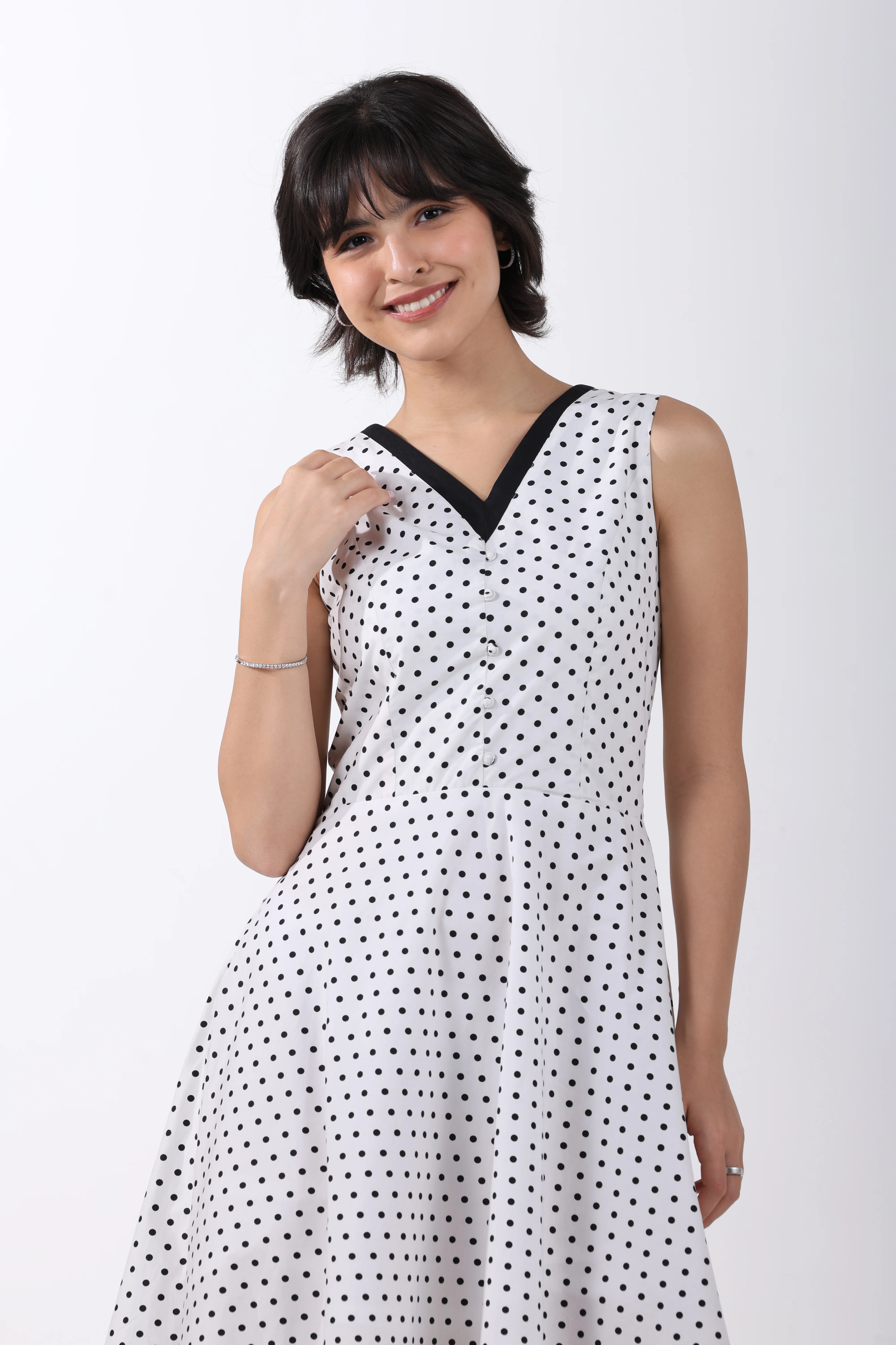Ivory Polka Poise Asymmetric Cotton Dress - Image 3