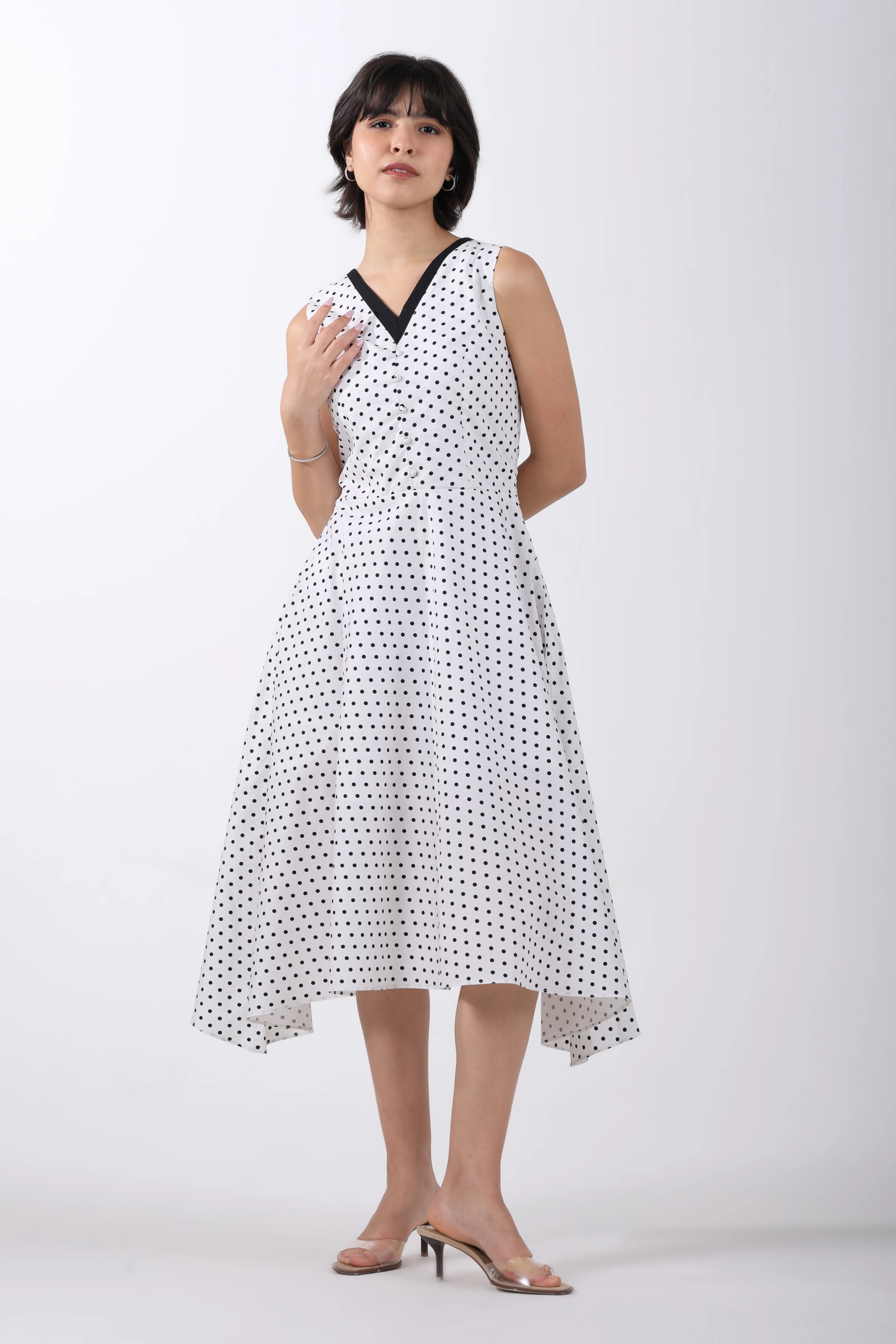 Ivory Polka Poise Asymmetric Cotton Dress - Image 4