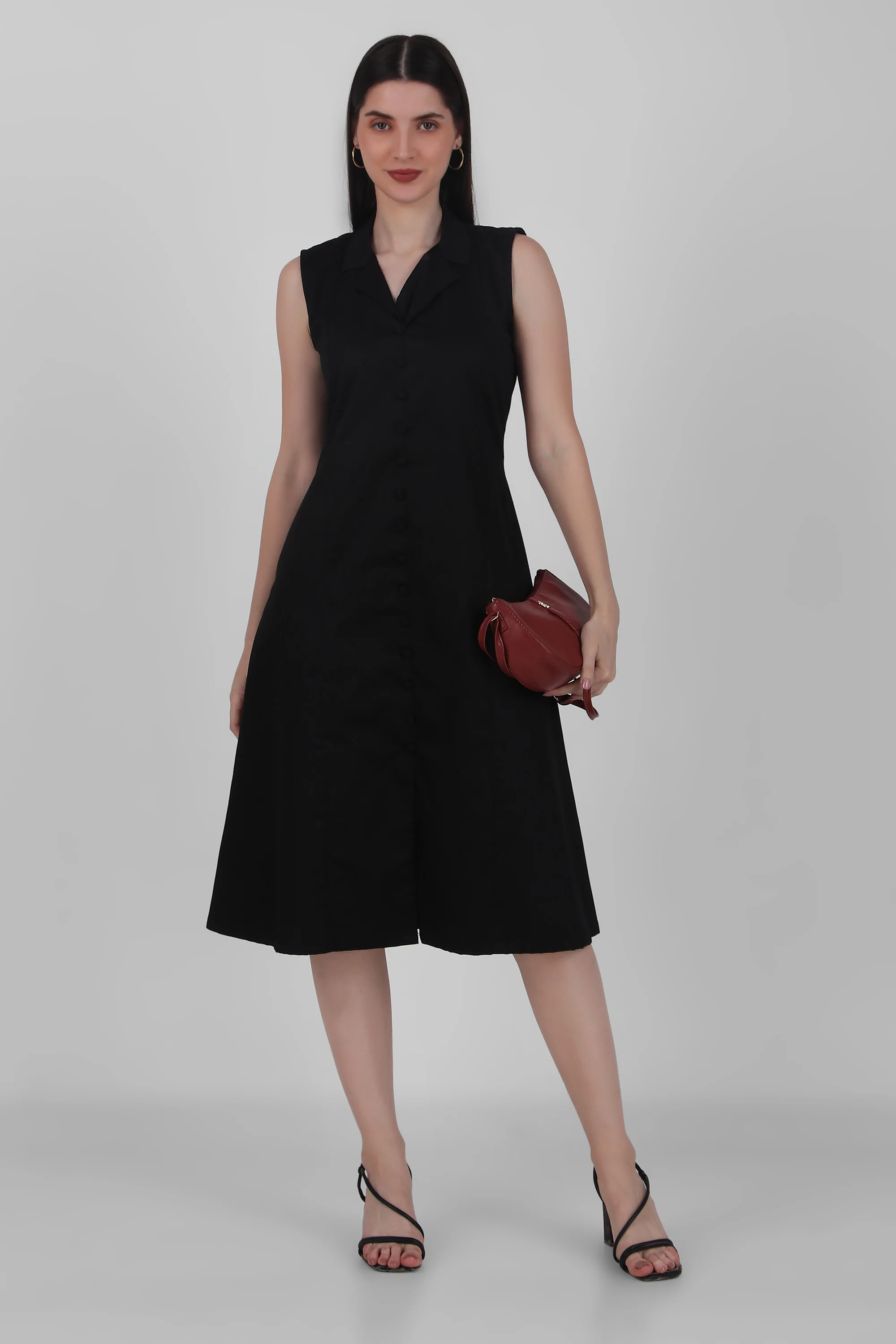 Lapel Grace Calf-Length Dress – Black