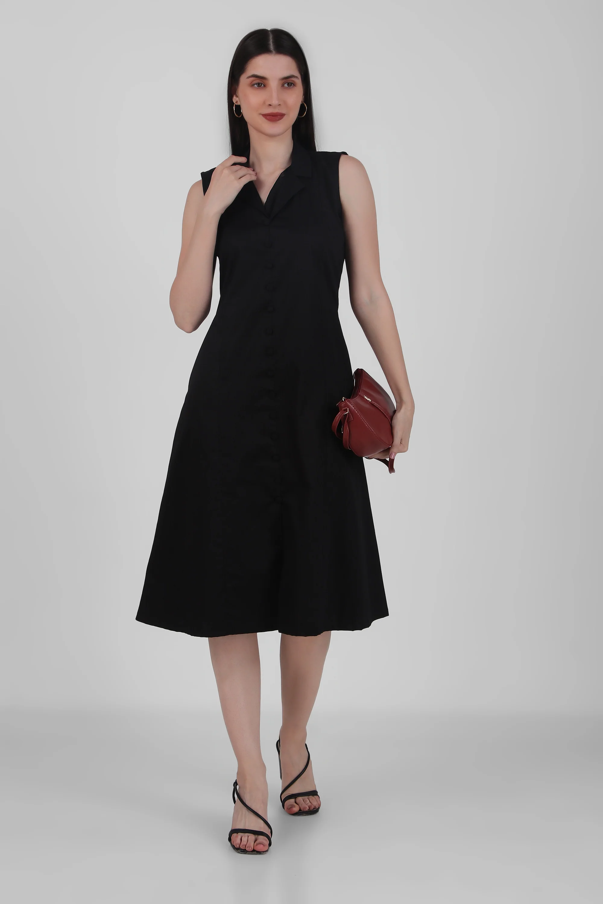 Lapel Grace Calf-Length Dress – Black - Image 2