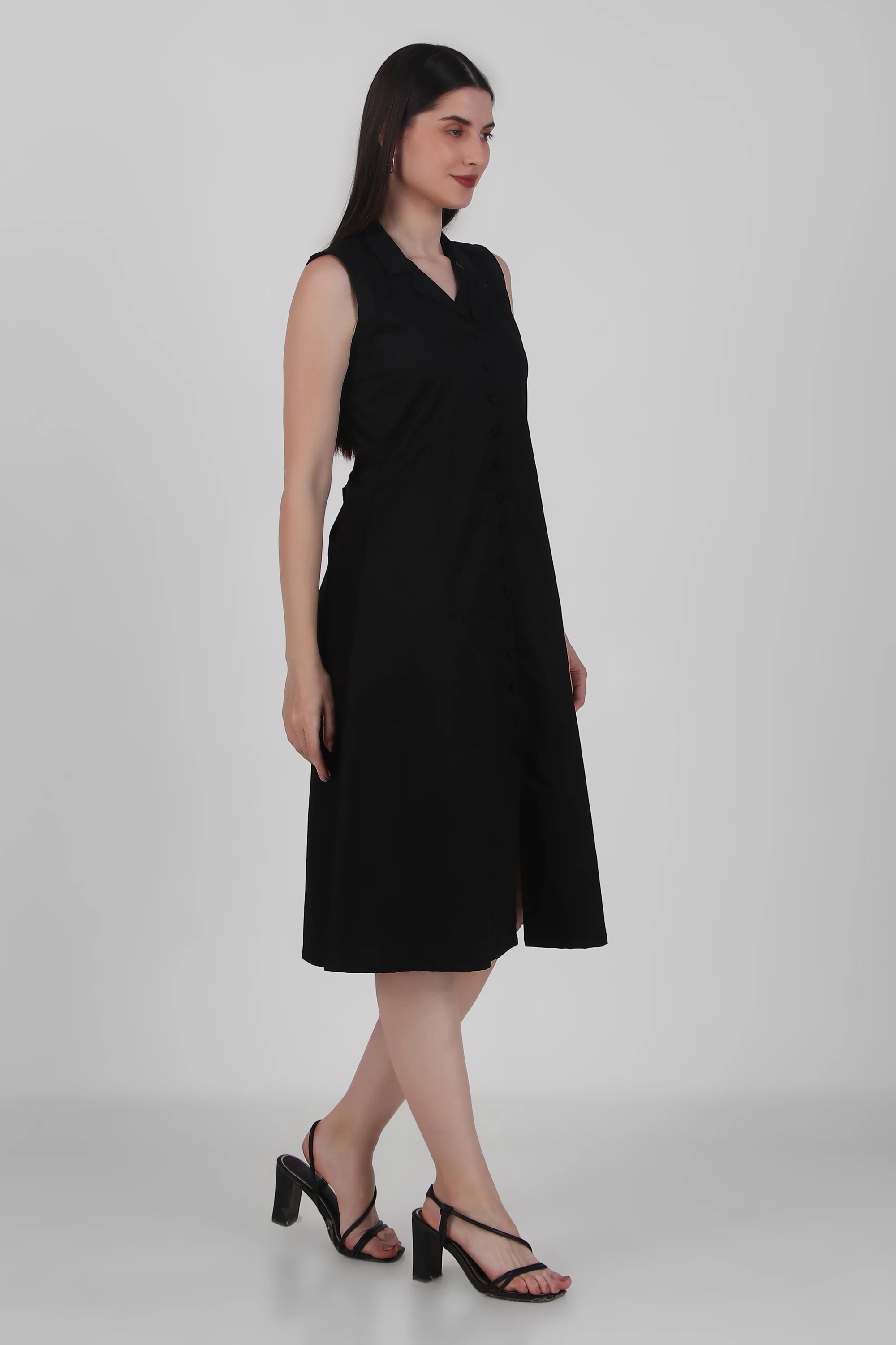 Lapel Grace Calf-Length Dress – Black - Image 3