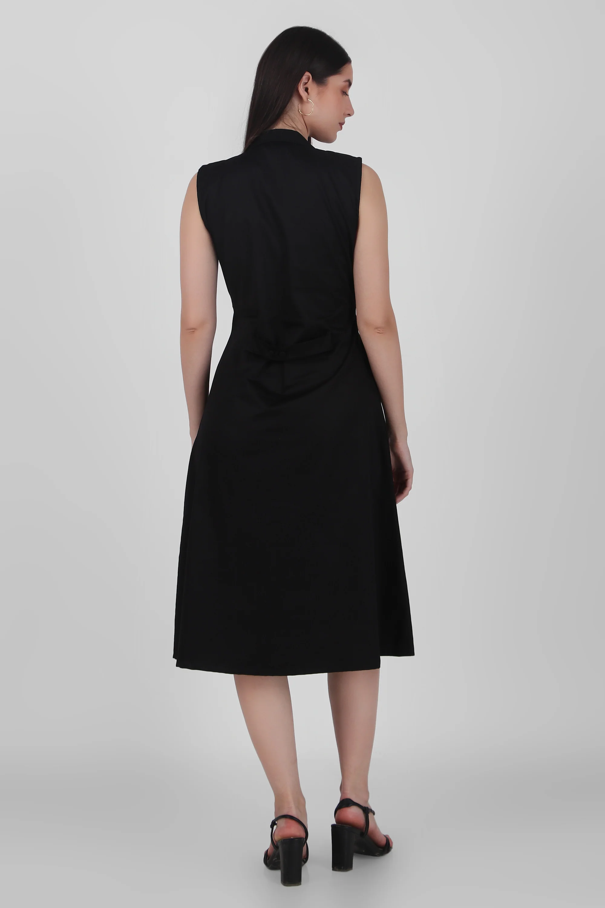 Lapel Grace Calf-Length Dress – Black - Image 4